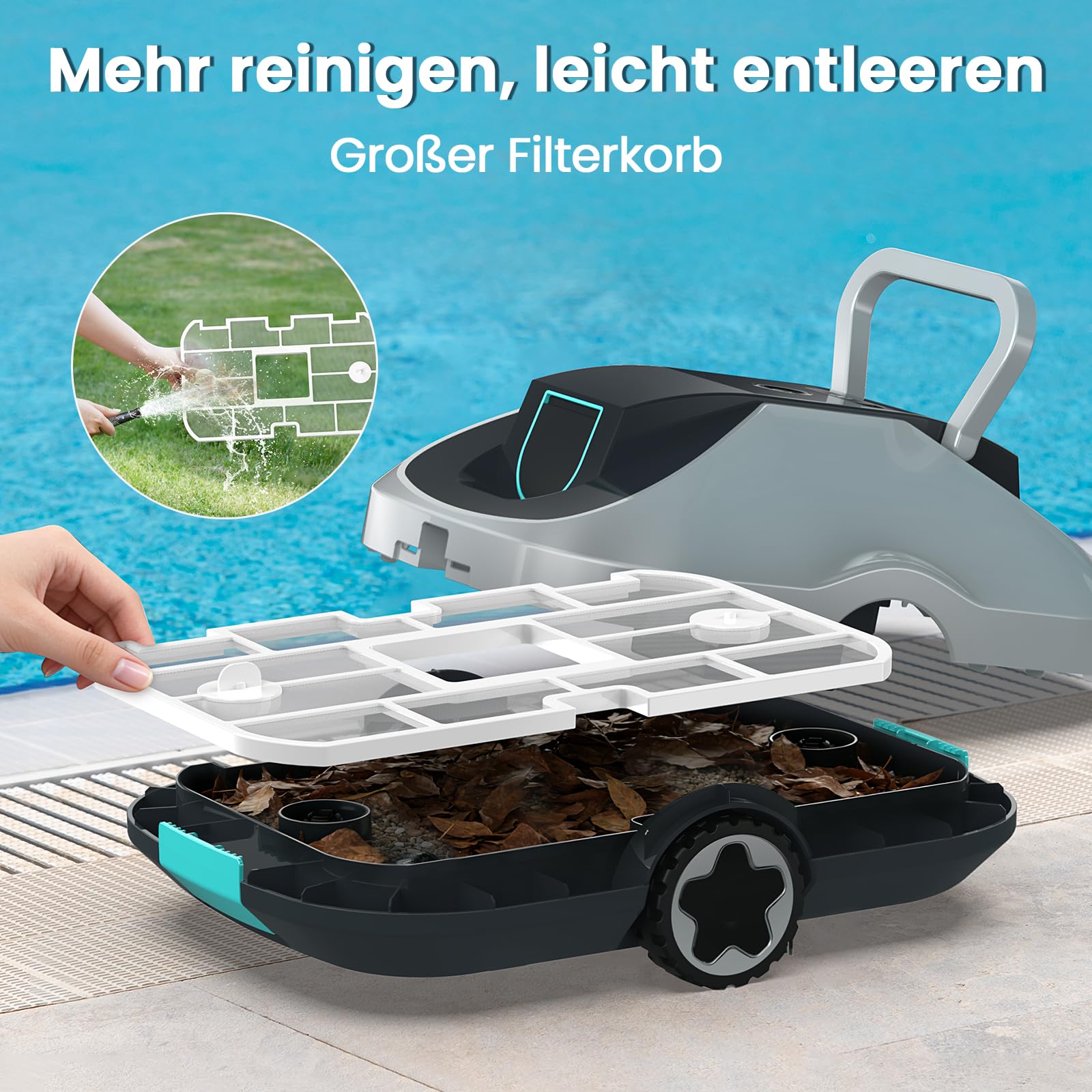 Poolroboter Akku, kabelloser Pool-Saugroboter, 200Min Laufzeit, Intelligente Navigation, Selbsteinparkfunktion und ultrafeine Filterung, kompakt und tragbar Poolreiniger ohne Kabel für Pools 232m²