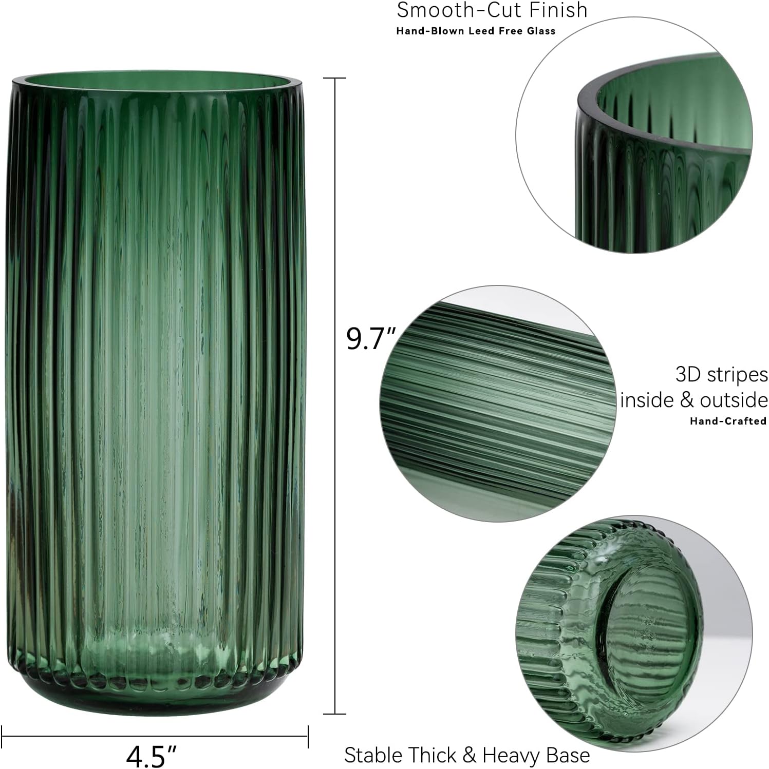 Flower Vase 9.7 inch Green Thickened Hand Blow Glass Vase Round Vintage Striped Bottles for Bookshelf,Dinner Table,Indoor Office Desktop,Meeting Room,Bathroom,Countertop,Home - Image 2