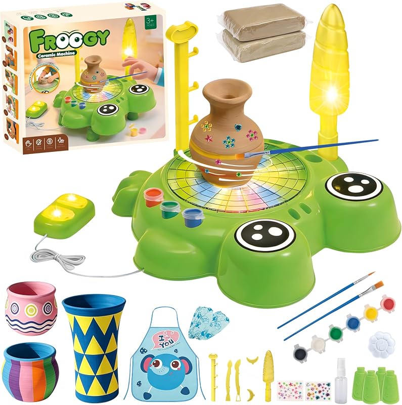 JIMI Kids Pottery Wheel Kit - Froogy Clay Toy Arts and Crafts for Kids Ages 4-8, Kids Pottery Studio with Foot Pedal & Apron, Air Dry Clay Pottery Craft Kit Gift for Girls Boys Age 3+