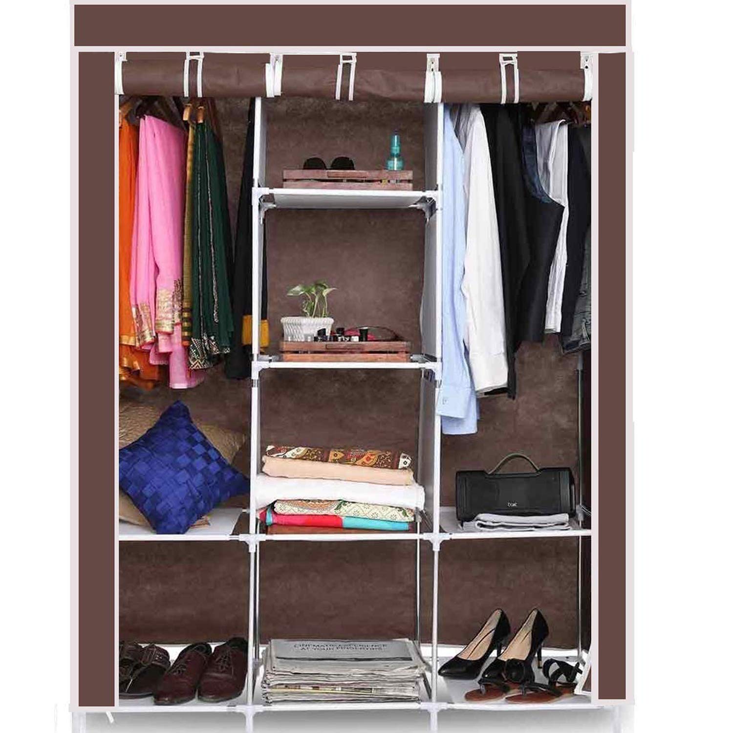 Whitecloud TRANSFORMING HOMES® 88130 Brown 6+2 Shelve (Layer) Fancy and Portable Foldable Collapsible Closet Cabinet Wardrobe Cloths Organizer Racks Shelves Almirah Non Woven Fabric and PP Plastic(Self Assemble)