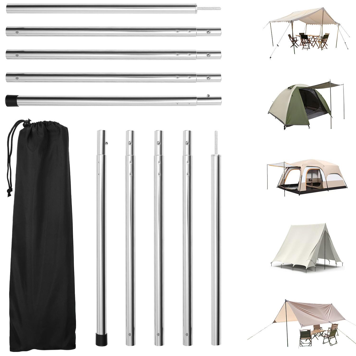 Eikuavons 2er Set Tarpstangen & Zeltstangen 200cm, Ø22mm Aluminium Aufstellstangen Stecksystem, 5-teilig Segmentstangen Stabil Camping Zeltstange mit Tragetasche für Tarp Sonnensegel Vorzelt, Silber Sport & Freizeit