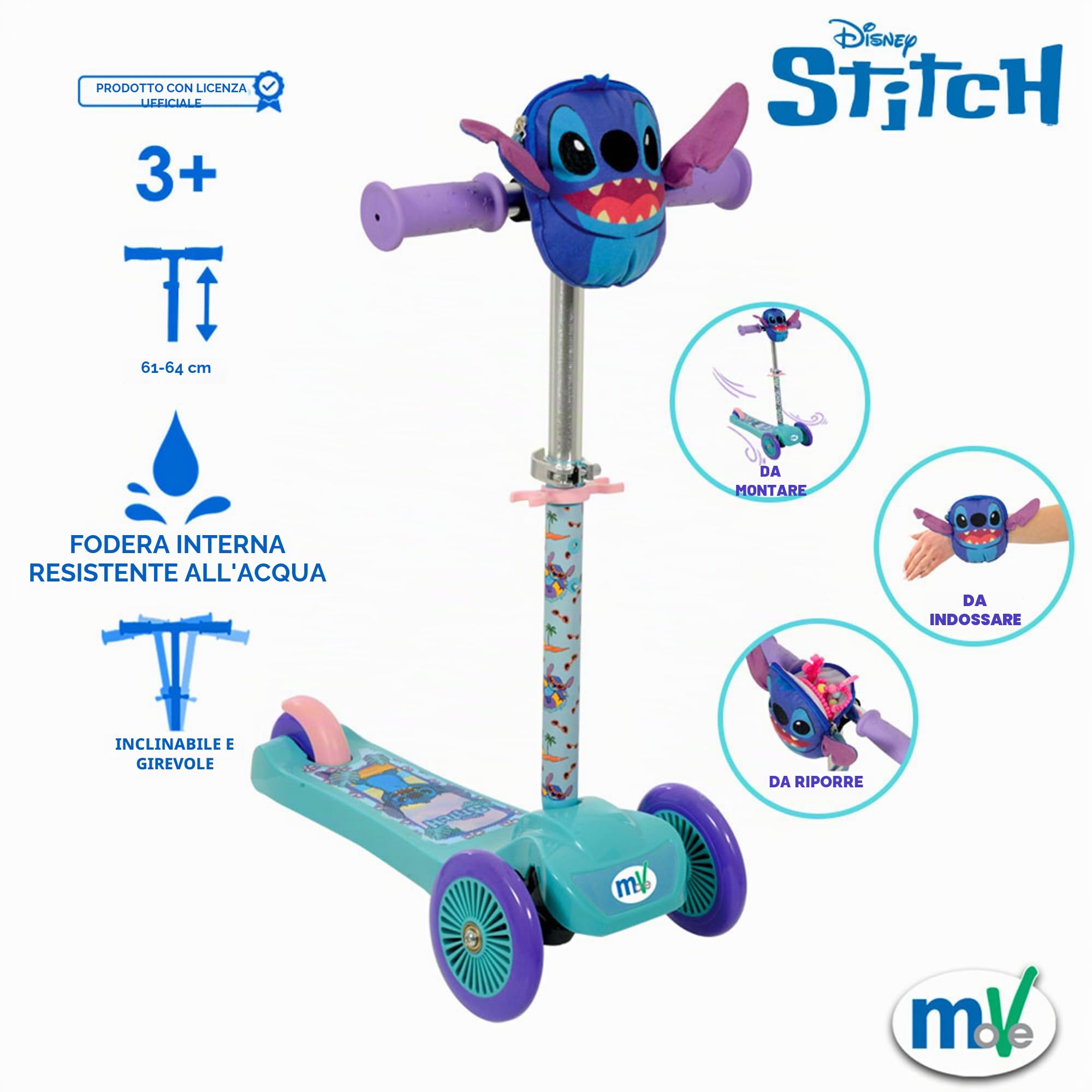 Stitch Mini Go - Monopattino inclinabile a 3 ruote con squishle, regolabile, per bambini e bambine, per bambini dai 3 anni in su, monopattino a 3 ruote