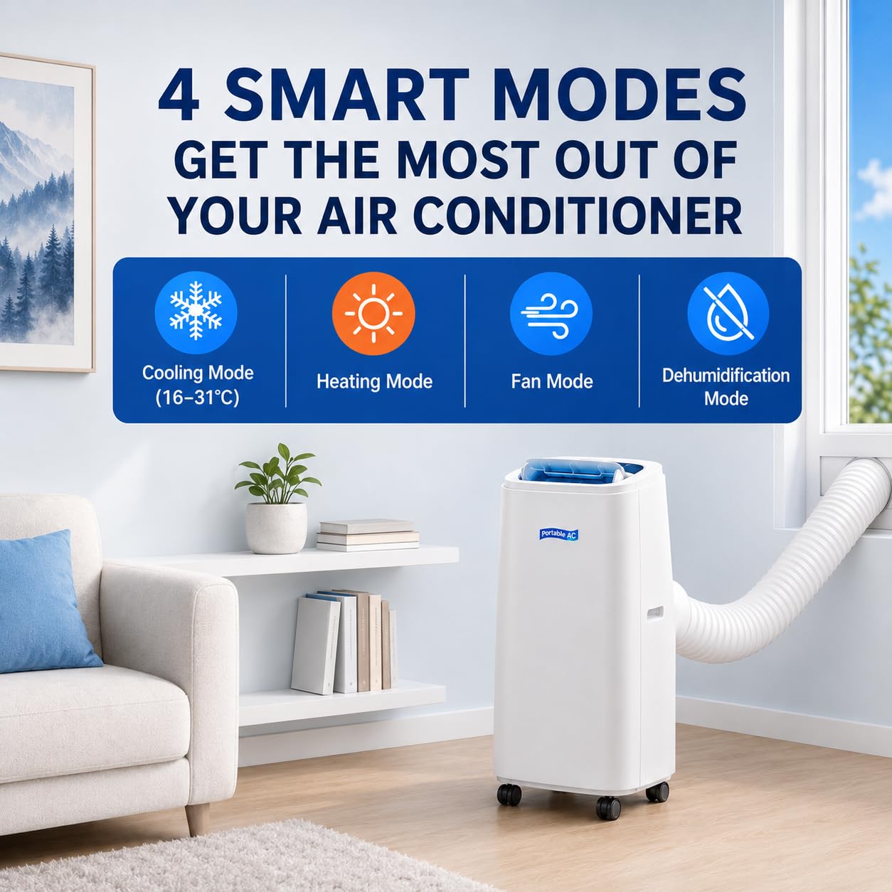 Przenośny klimatyzator do pomieszczeń do 30 m² z ogrzewaniem 9000 BTU (18000BTU) | Urządzenie chłodzące 12000/14000/18000 BTU z osuszaczem powietrza, wentylatorem, ogrzewaniem, pilotem i timerem