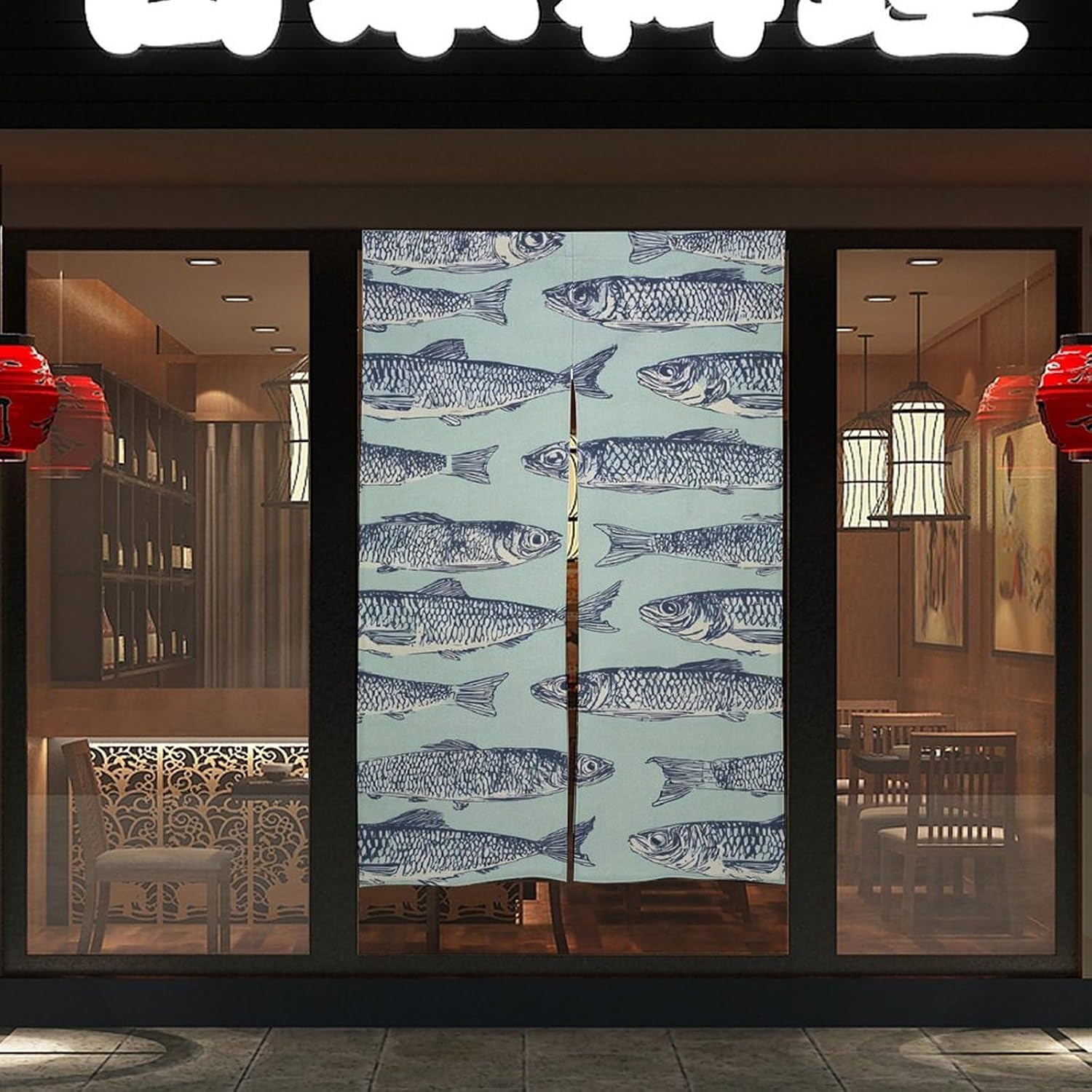 Fish Sardines Rows Doorway Curtain Insulated Room Divider Drapes | white linen,privacy curtains