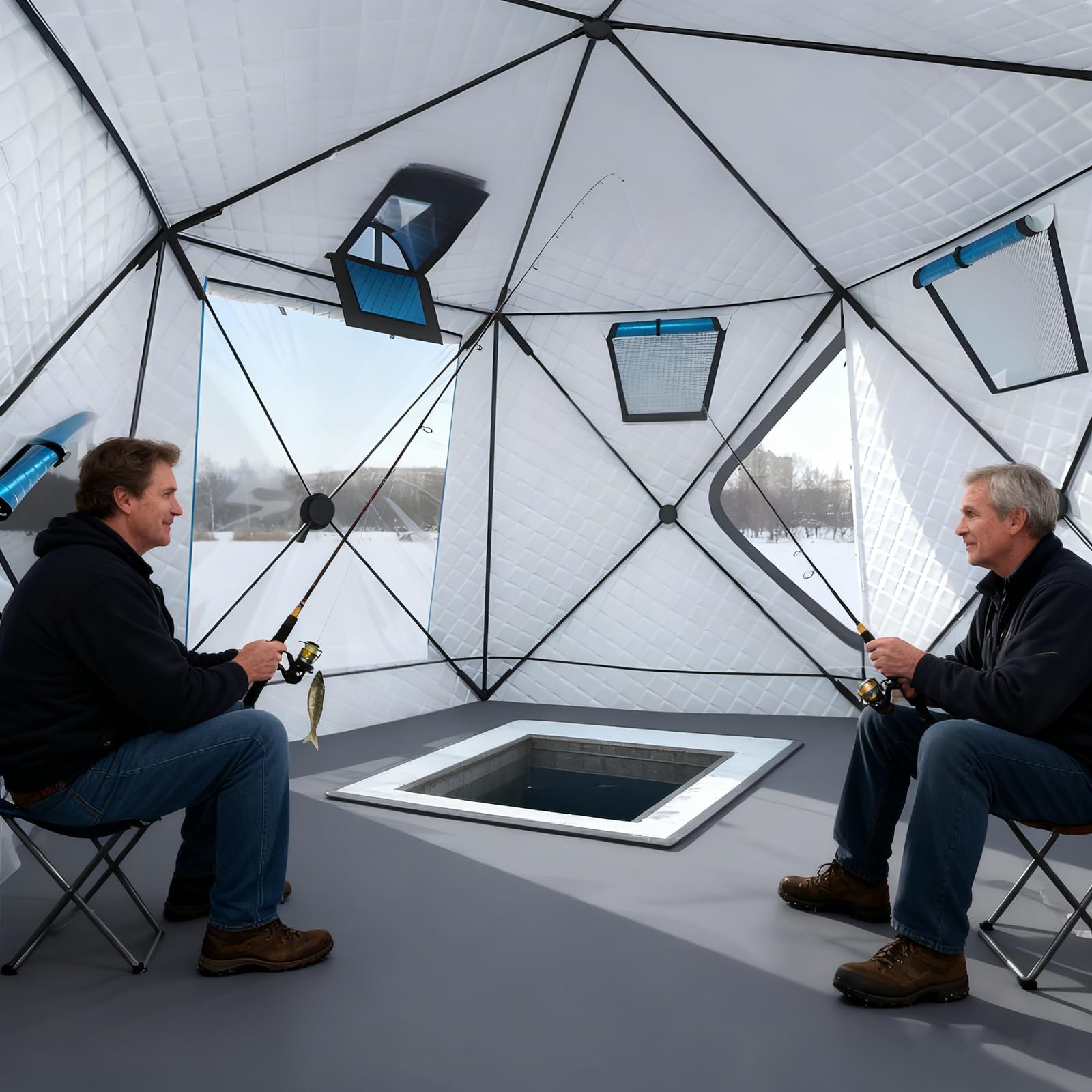 Eisangelzelt mit Herdentlüftung, 6-seitiger sechseckiger Winterschutz für 3-8 Personen, große Fenster & rutschfeste Eismatte, 2,6 m/3,2 m