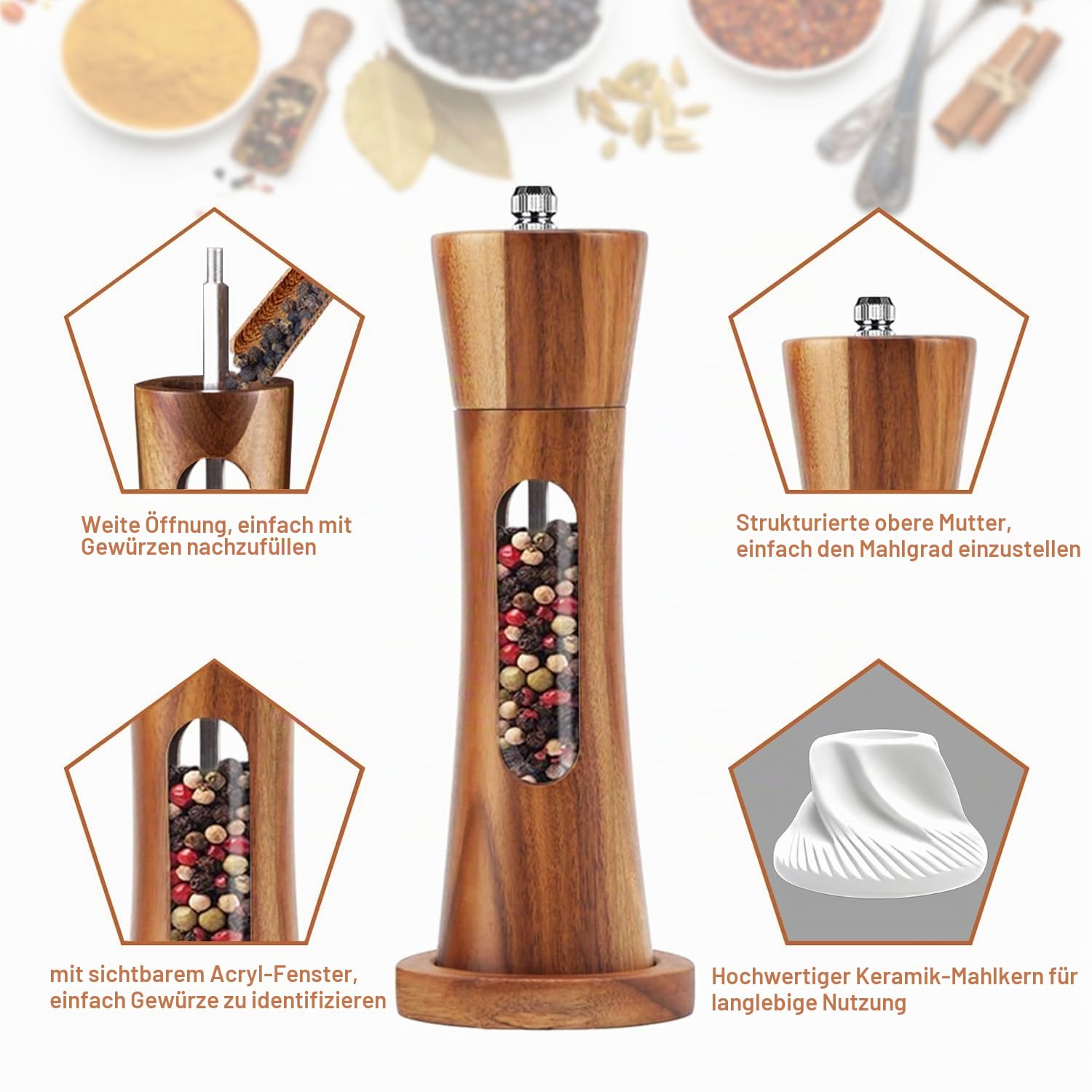 Pfeffermühle Holz Salz und Pfeffer mühle 2er Set mit Untersetzer Manuell Gewürzmühle verstellbarem Keramikmahlwerk Salzmühle für Pfeffer Salz Gewürze Höhe 20 cm
