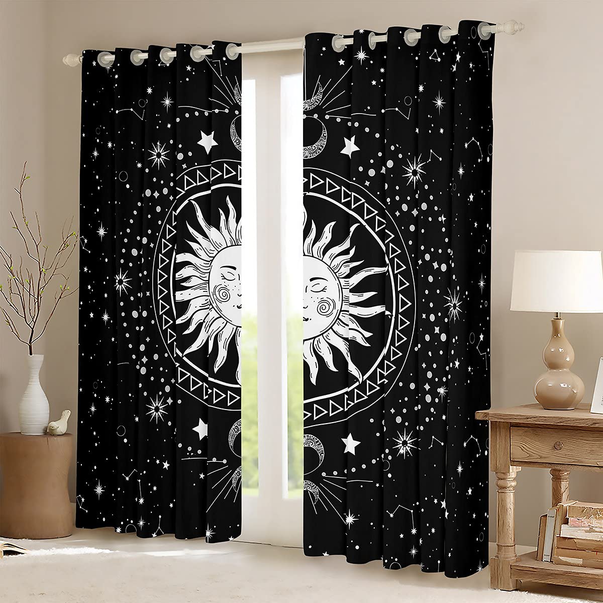 Sun and Moon Window Drapes Boho Exotic Window Curtains for Bedroom Living Room for Kids Boys Girls Children Bohemian Style Window Treatments Galaxy Star White Black W46*L54 - Image 2