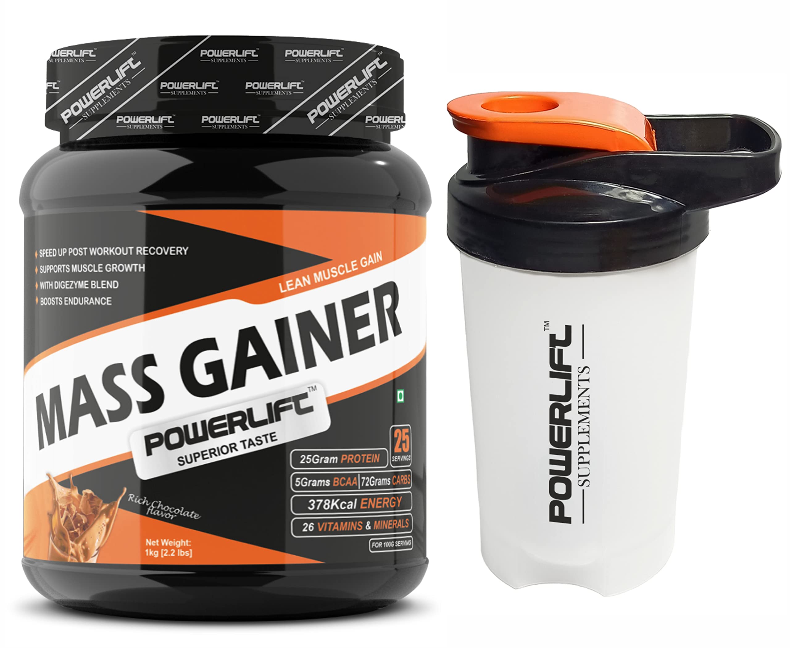 Buy PowerLift Mass Gainer With Shaker (1kg Rich Chocolate) For Muscles Gain With Digezyme
