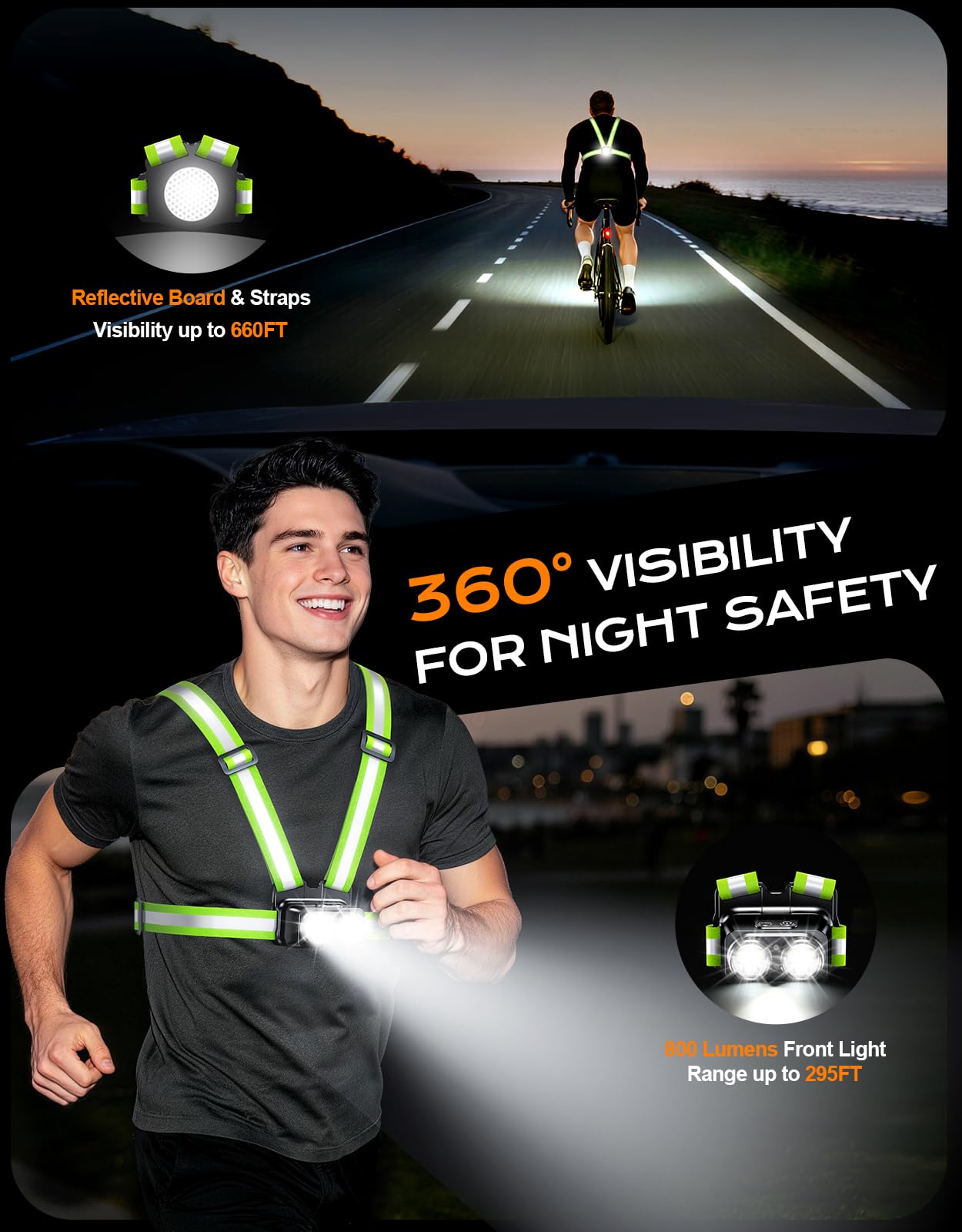 Zewdov 800LM Ultra Bright Running Lights for Runners, 7 Modes & 360° Reflective Running Gear IPX4 Waterproof 45° Adjustable Rechargeable Running Light for Walking/Hiking/Cycling/Working/Jogging