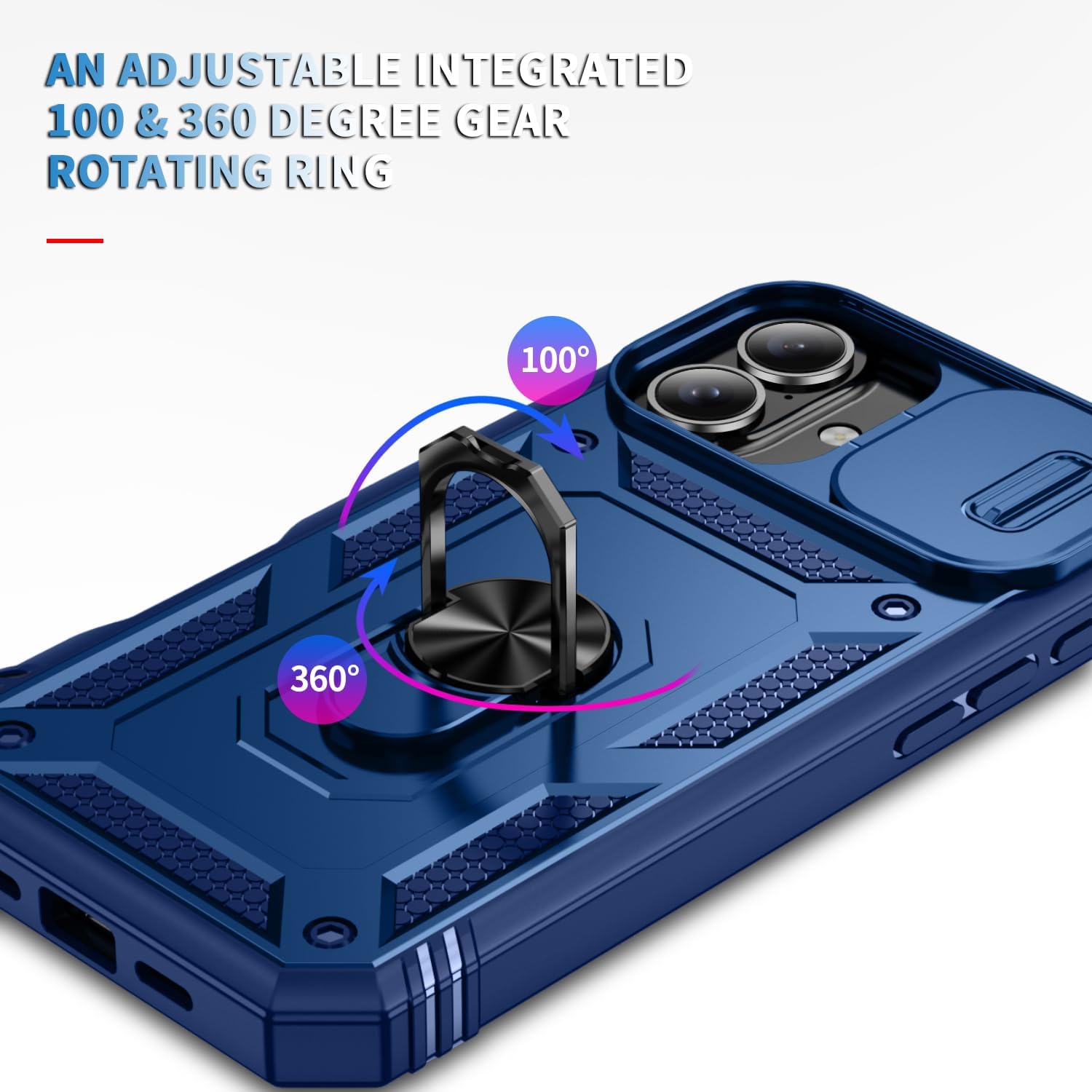 for Apple iPhone 16 Case Military Grade Drop Shock Protection Cell Phone Cover with Slide Camera Cover Built-in 360° Rotate Ring Stand for iPhone 16 6.1 -Blue - Image 4