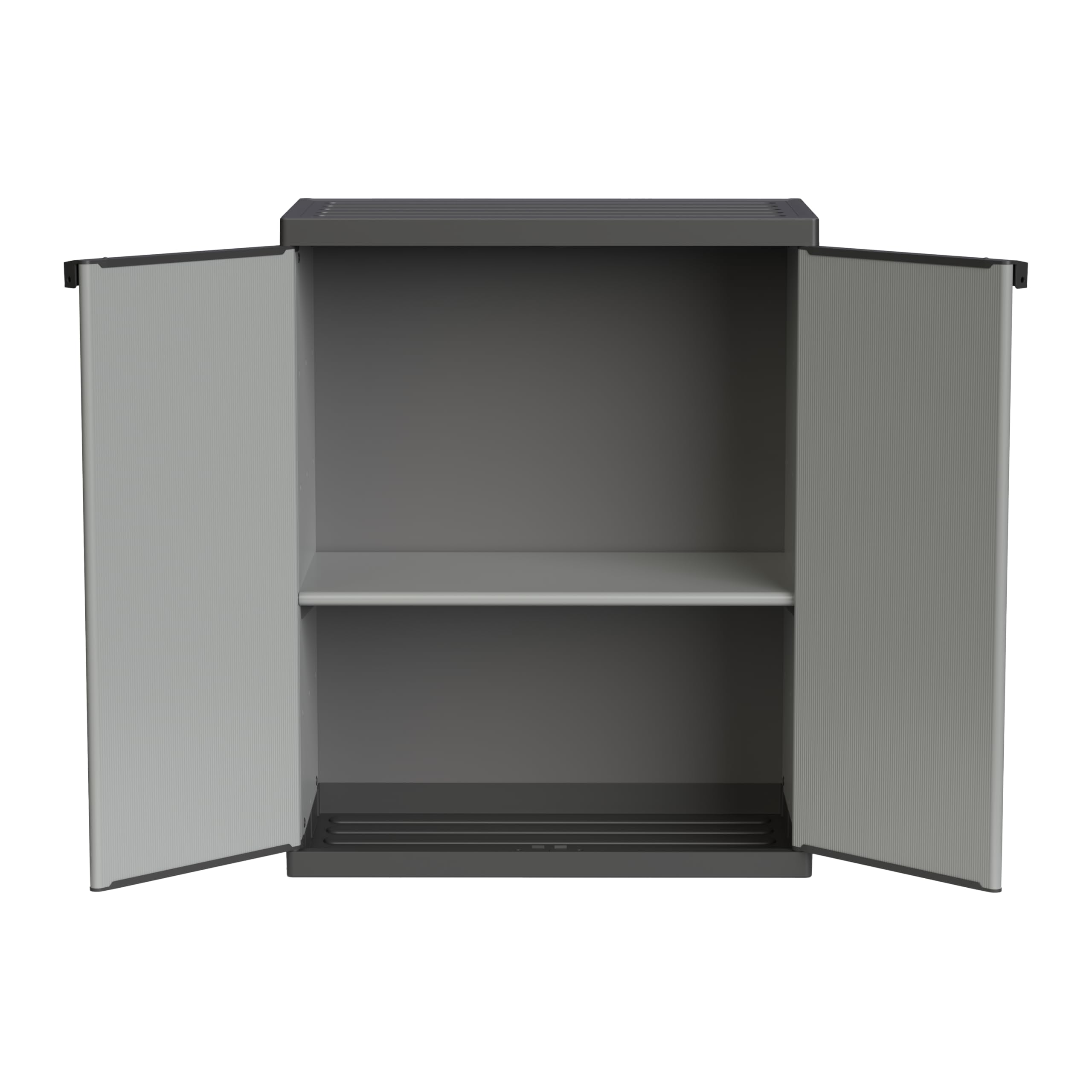 Adventa: Armadietto in resina di PVC e PP, 2 Ante, 1 Ripiano, Facile da Montare, Modular System, Resistente, Adatto ad ambienti Interni ed Esterni, 68L x 40P x 85H cm, Grigio e Nero