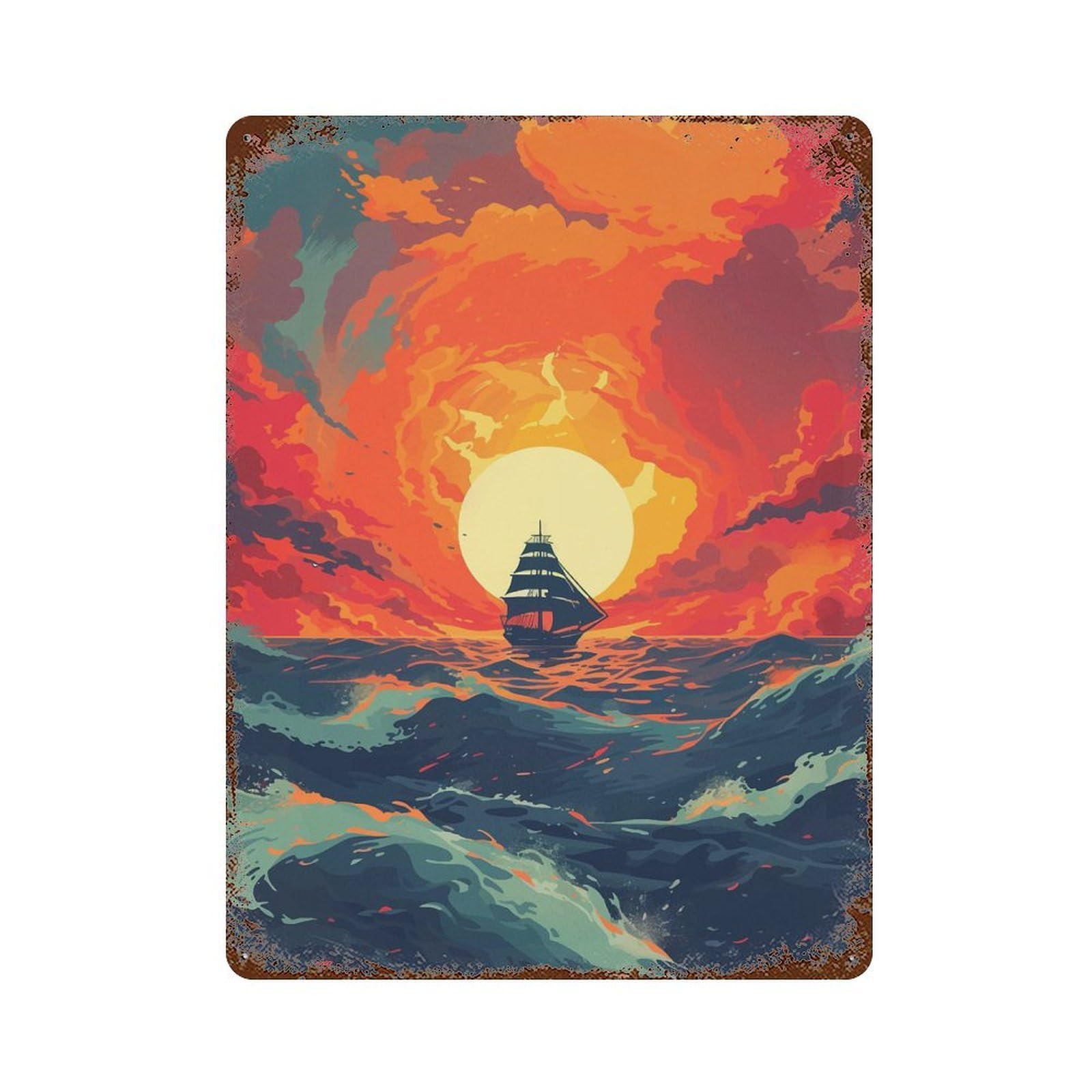 Sailboat Sunset Landscape Vintage Metal Tin Sign 15.7"x11.8", Industrial Home Decor for Garage, Pub Or Kitchen
