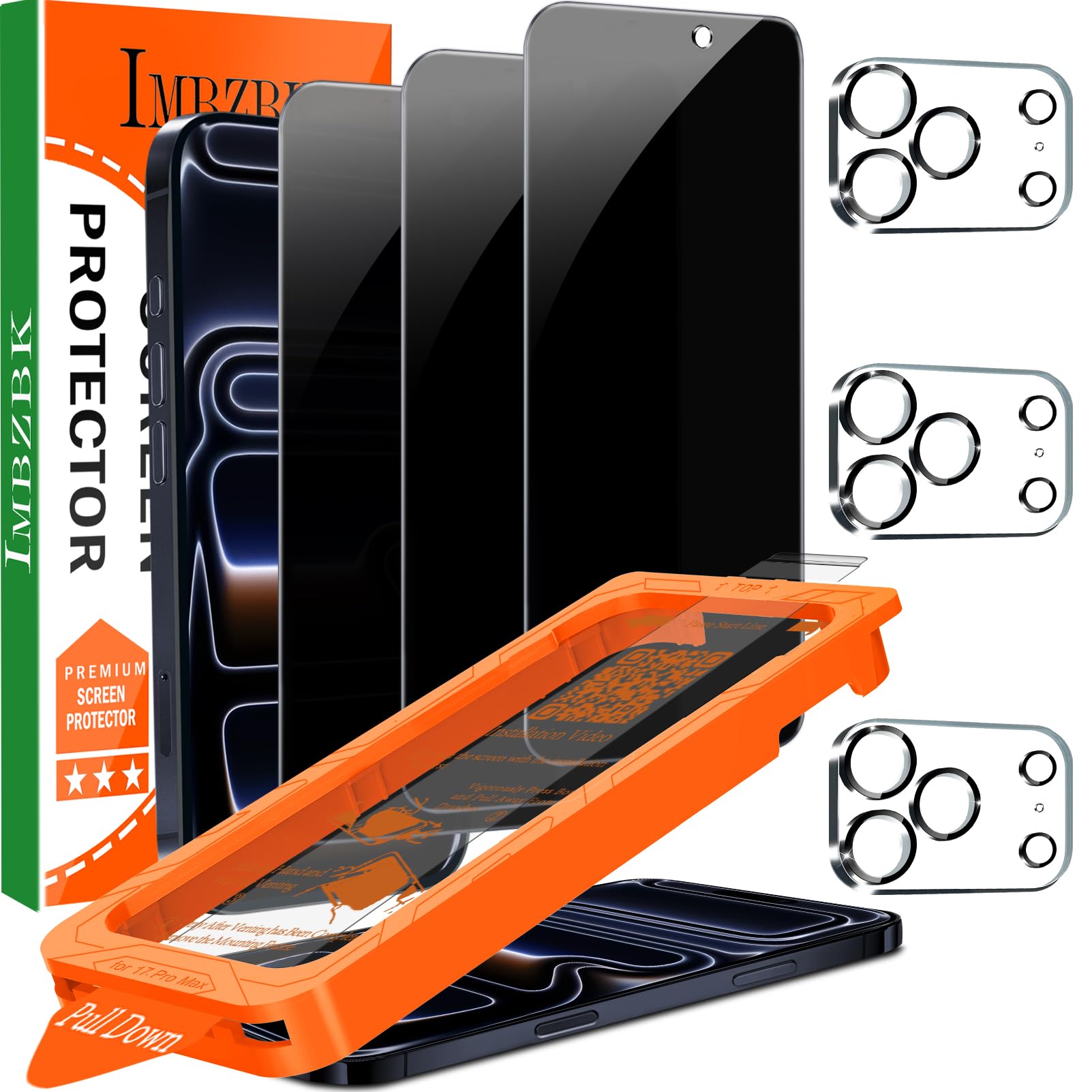 IMBZBK Pellicola Privacy Vetro per iPhone 17 Pro Max, Rimozione automatica polvere, con Protezione Fotocamera, Anti Spy Temperato, Grado Militare 9H+ Durezza, Anti-Graffio [3+3 Pezzi]