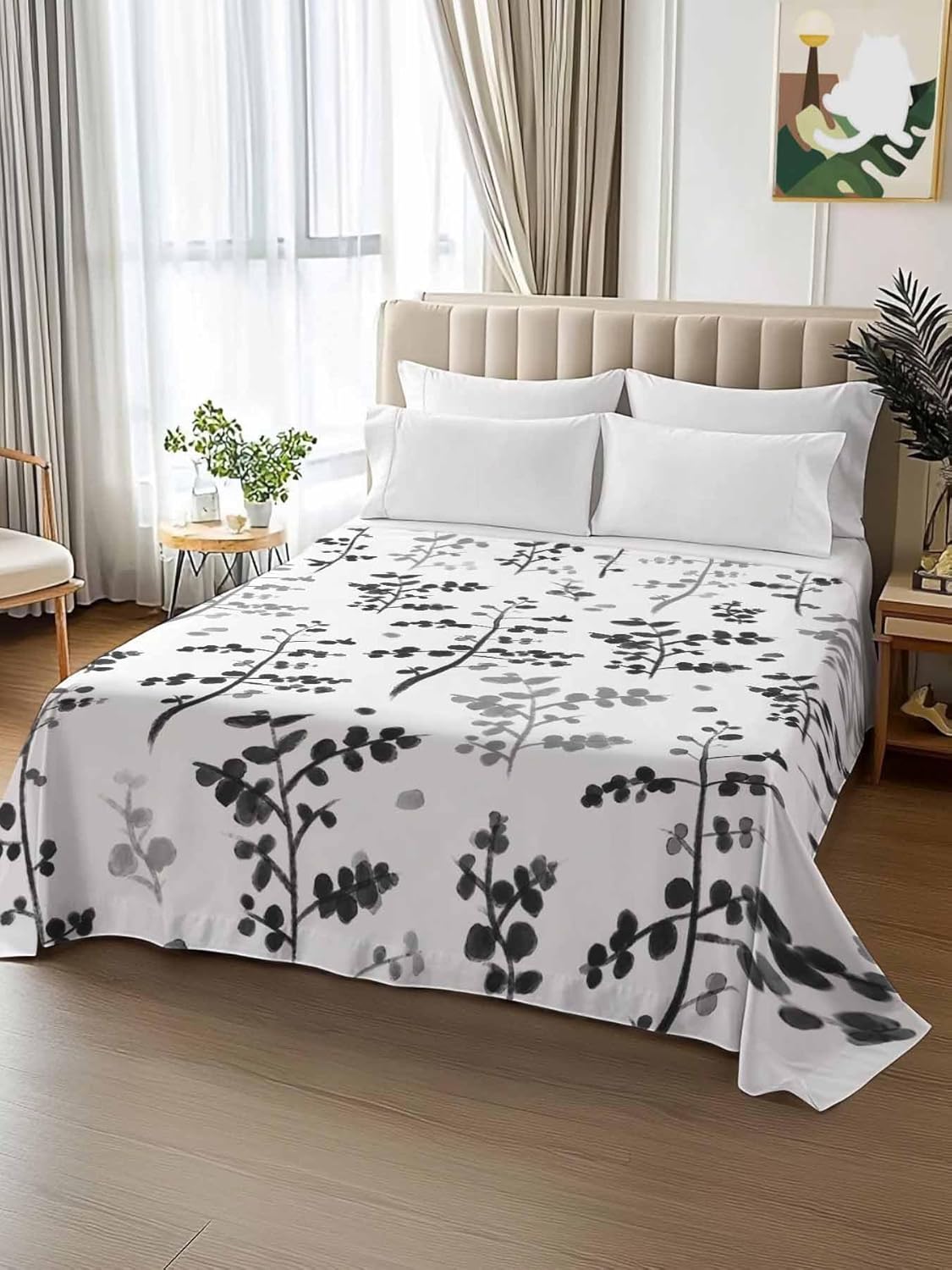 Top Sheet Queen Bedding Flat Sheet Only, Farmhouse Black Leafs Microfiber Bed Sheets Soft Breathable Bedding Flat Sheets, Country Style Plants Hotel Luxury Top Sheets