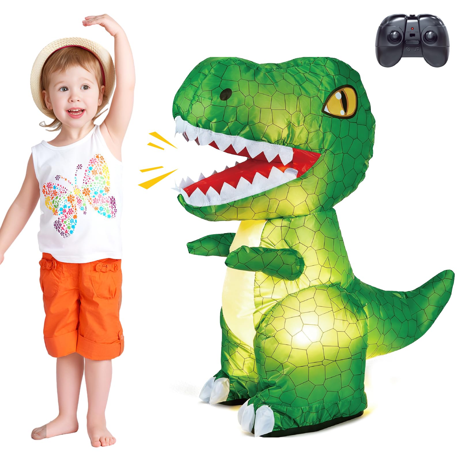Htish Ferngesteuerter Aufblasbares Dinosaurier Spielzeug - 2.4GHz RC Dinosaur mit Sound Licht 360°Drehung Laufen - Interaktive Dinosaurier Spiele Geburtstagsgeschenk für Kinder ab 3 4 5 6 7 8-12 Jahre