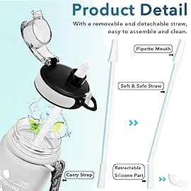 Enerbone 32 oz Water Bottle, Leakproof BPA & Toxic Free, Motivational Water Bottle with Times to Drink and Straw, Fitness Sports Water Bottle with Strap for Office, Gym, Outdoor Sports, Gray-Black
