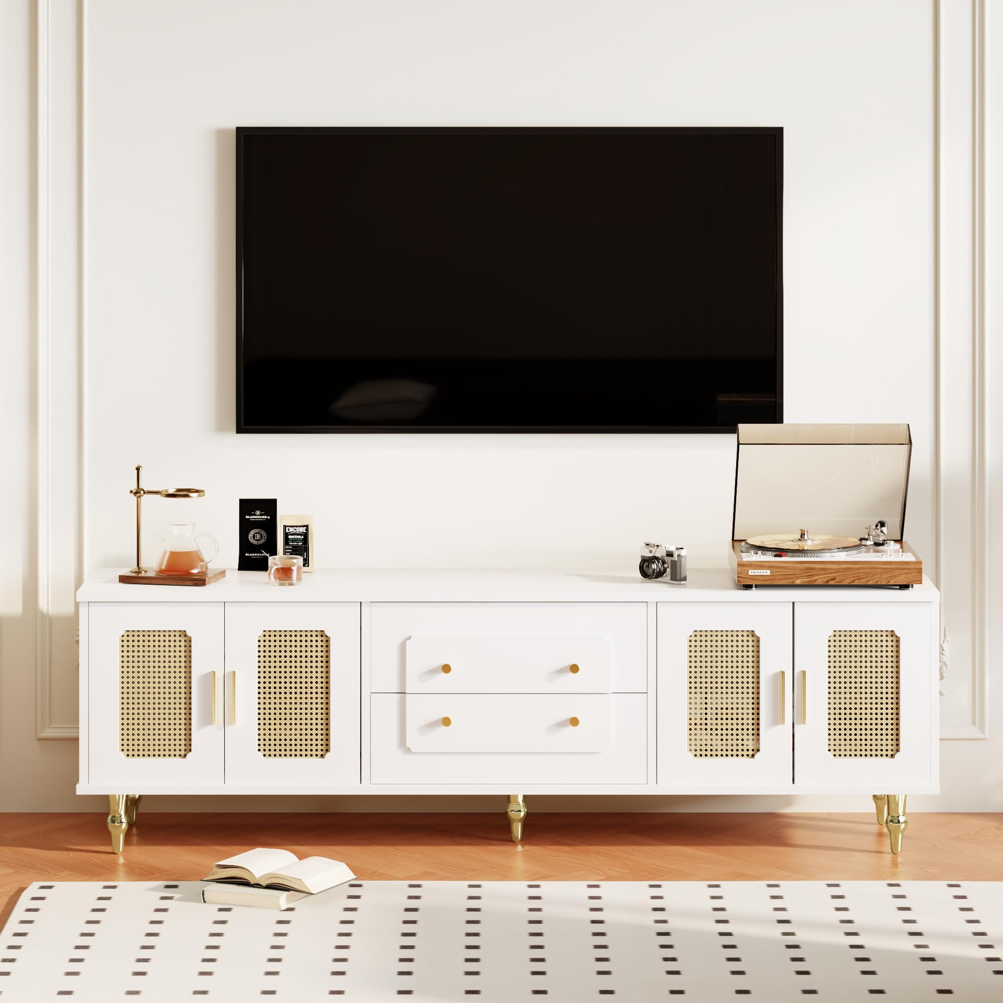 Modulo TV, Mueble de Salon TV, Armario Bajo con Puerta de Ratán, Moderno Estilo Rústico Mueble para Salon con Patas de Metal y 2 Cajones, para Televisión de 70-79 In, 175x38x55.5 cm (Blanco)