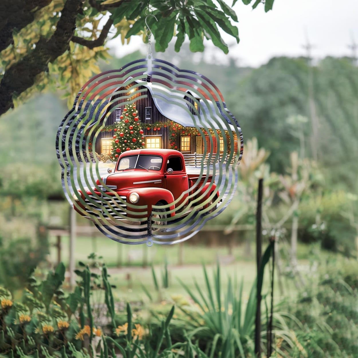 Winter Red Truck Farmhouse Christmas Wind Spinners 3D Stainless Steel Laser Cut Metal Double Sided Printing-Hanging Indoor/Outdoor Decorations Yard Gardening Decor,Metal Kinetic Art 16x16 inches