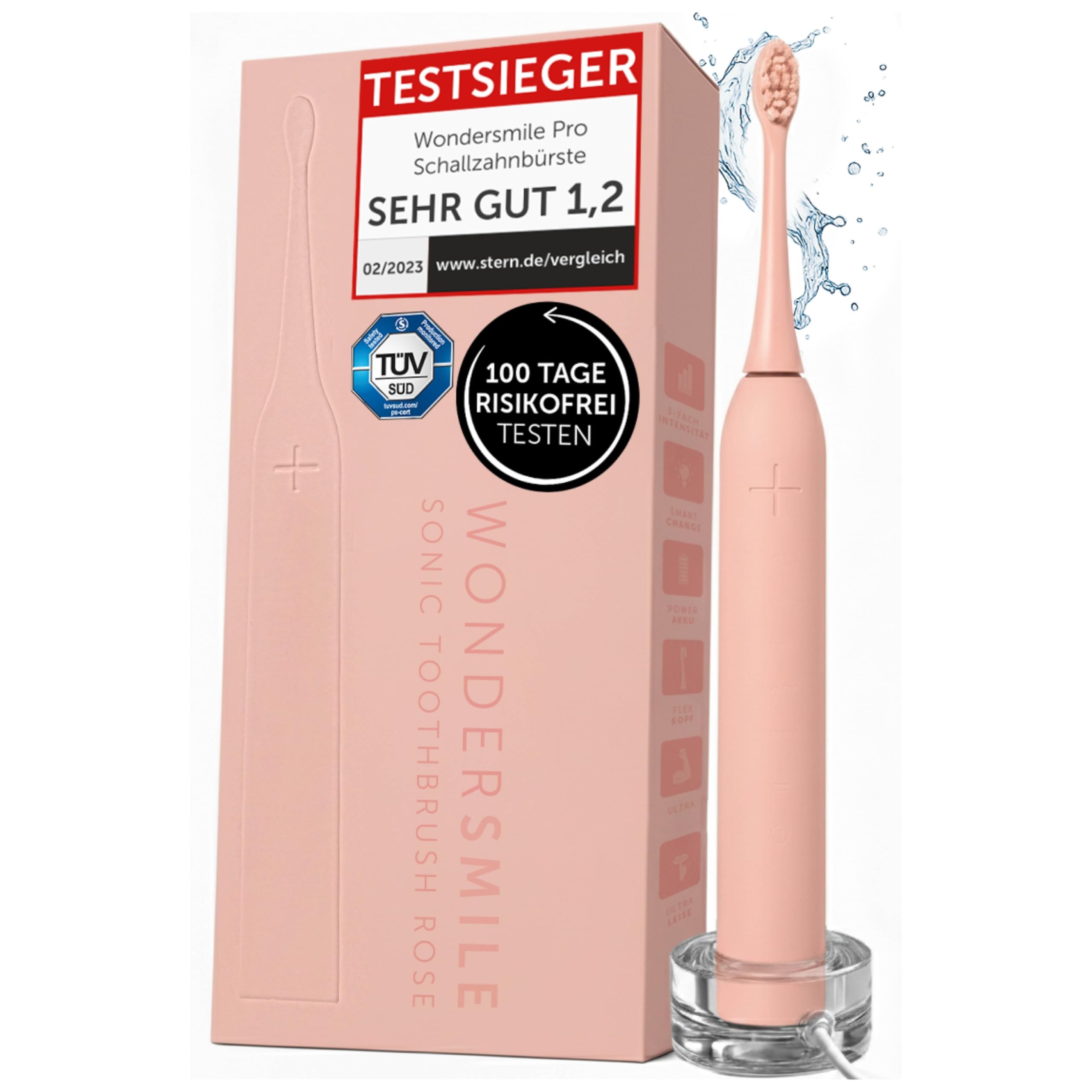 Wondersmile Schallzahnbürste PRO - Testsieger 2026-100 Tage risikofrei testen - TÜV SÜD-geprüft - Elektrische Zahnbürste, 4 Programme - 60 Tage Power Batterie mit Smart-Bürstenkopf (Atomic Rose)
