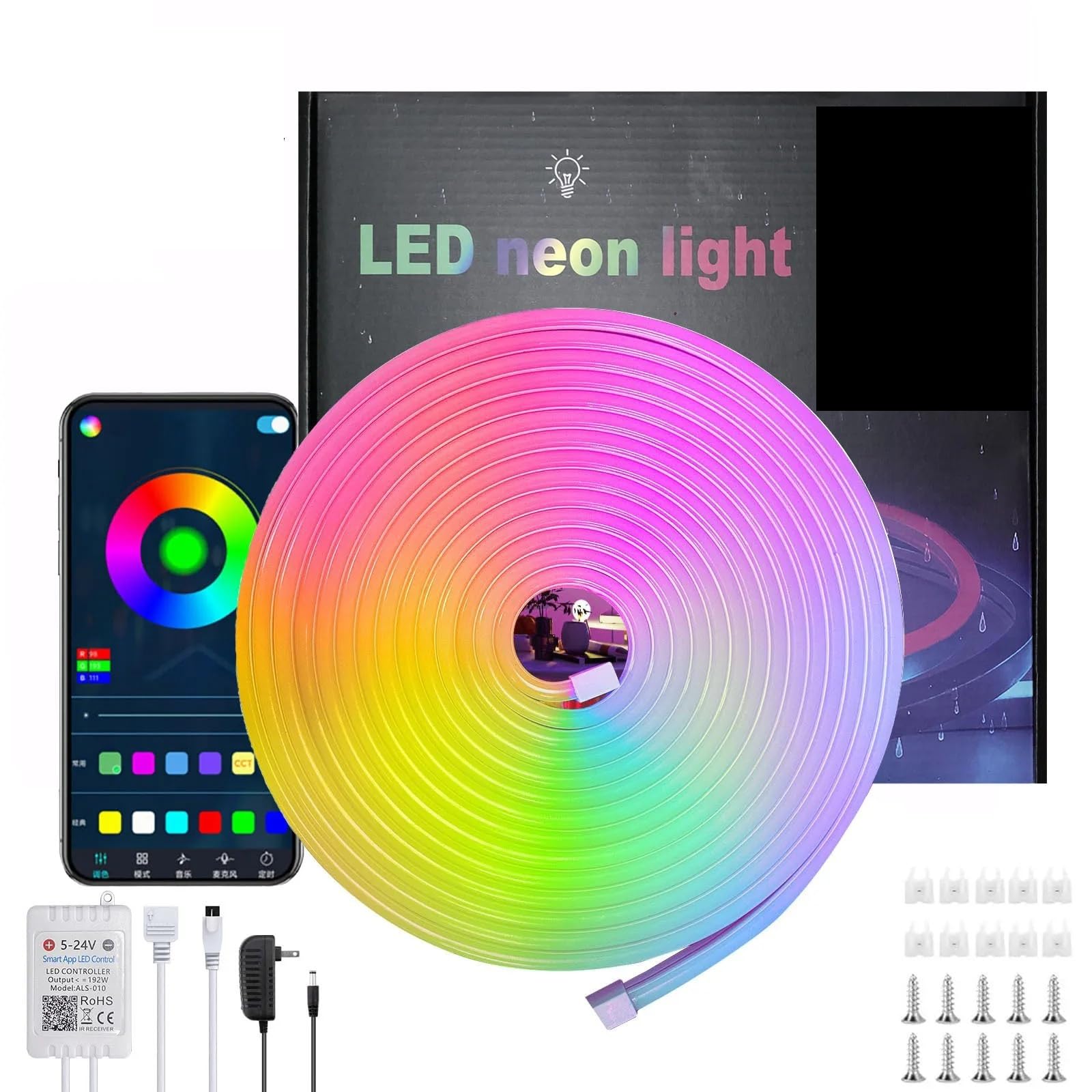LED Neon Light Strip With Tuya Intelligent Control RGB Waterproof Rope Suitable For Outdoor Decoration Of Houses(15M Neon light strip)