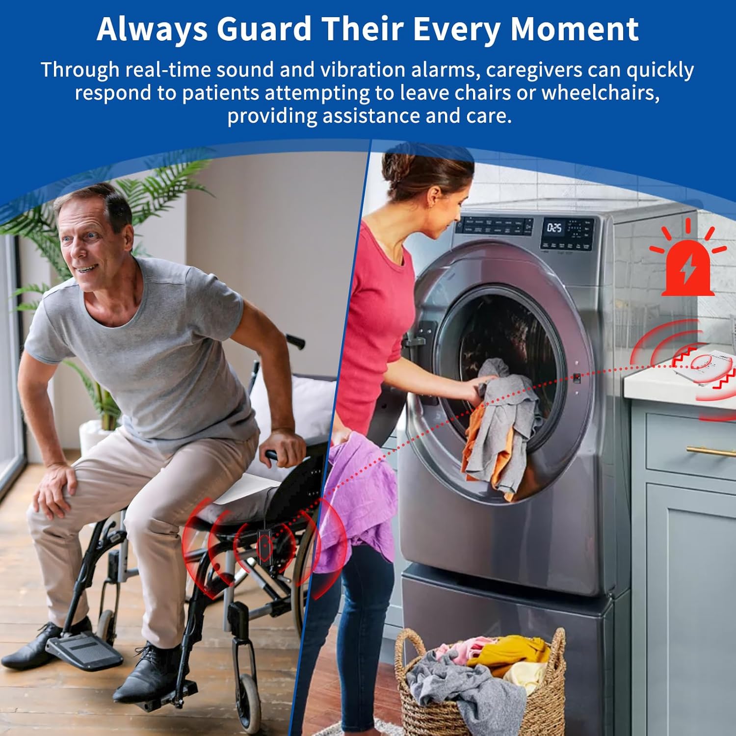 An image depicting a patient attempting to leave a wheelchair and a caregiver being alerted by the alarm system, emphasizing fall prevention.