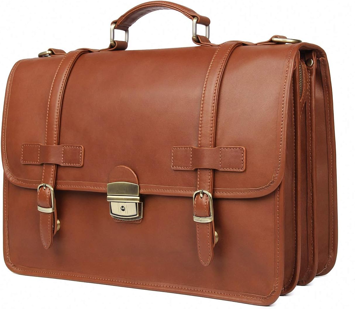 Augus Genuine Leather Briefcase Messenger for Men Business Travel Duffle Laptop Flapover Bag Fit 14 inch Laptop