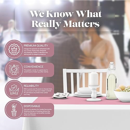Miniatura 4 de Paquete de 6 caminos de mesa de plástico desechables de alta calidad de 14 x 108 pulgadas, color rosa para cenas y eventos Grandipity