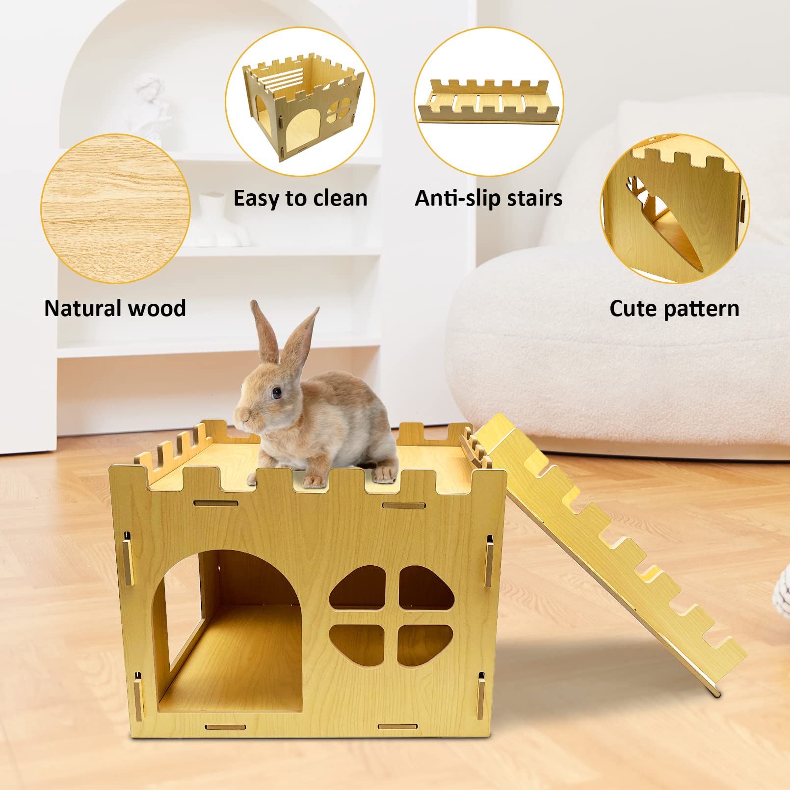 Extra großes, stabiles Hasenhaus, Kaninchenversteck mit Treppe, abnehmbares Spielhaus für Kaninchen, Meerschweinchen, Chinchilla, Igel