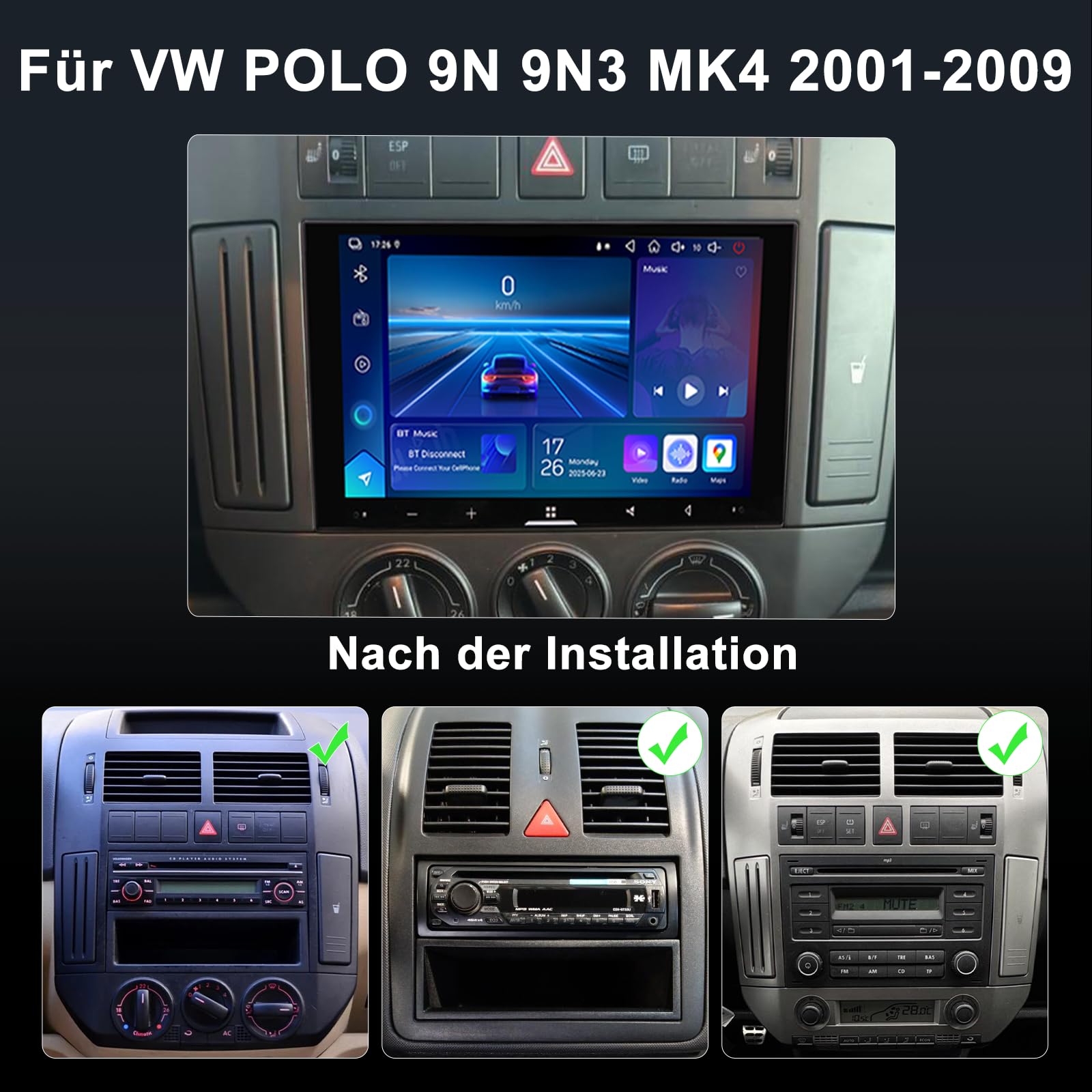 4GB+64GB Android Autoradio für Volkswagen Polo 9N 9N3 2001-2009 2 Din, 7 Zoll QLED Bildschirm mit Wireless CarPlay & Android Auto, 1080P Rückfahrkamera, GPS, WiFi, Bluetooth, DSP AM RDS USB