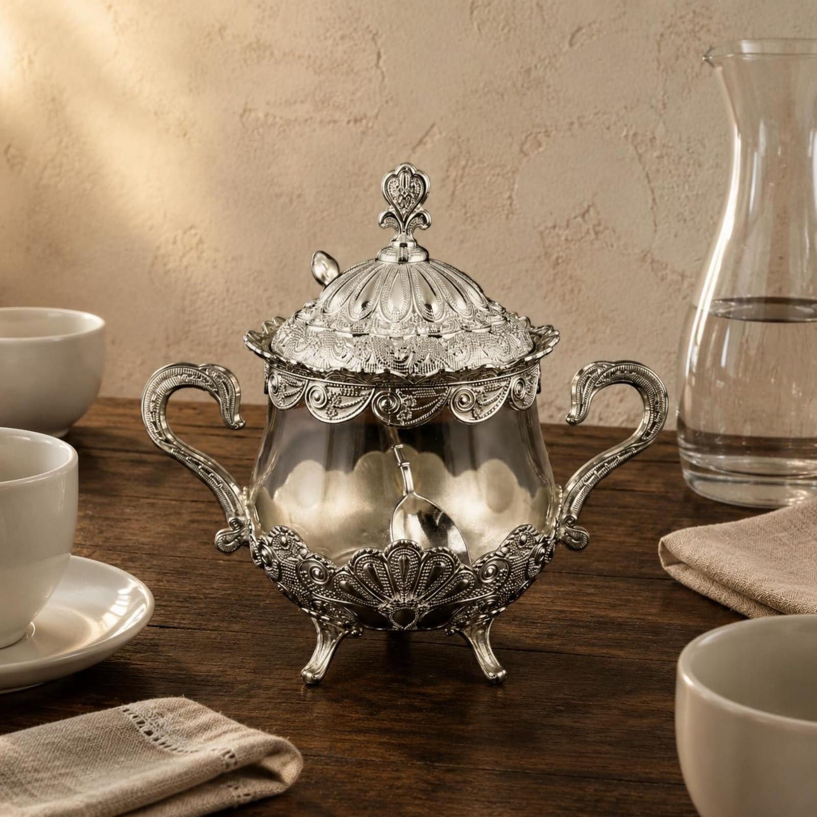 Zuccheriera con Coperchio Stile Europeo Zuccheriera Decorata Finitura Finitura Argento Accessorio Tavola per Ristorante, Argento