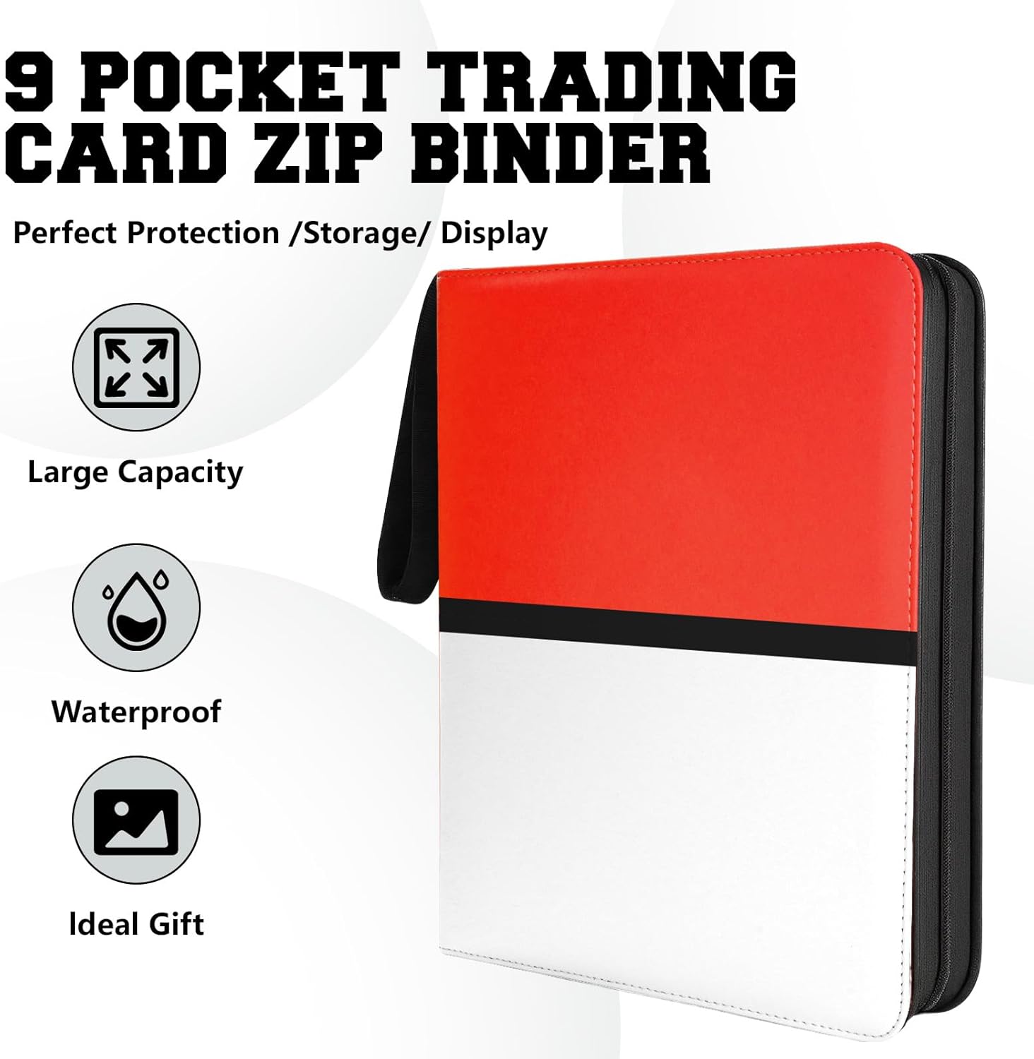 9 Pocket Trading Card Zip Binder - Holds 900 Cards, 50 Pages Large-Capacity,Double-Sided Removable Sleeves, Suitable for Game Cards/Sports Cards Storage,Red White