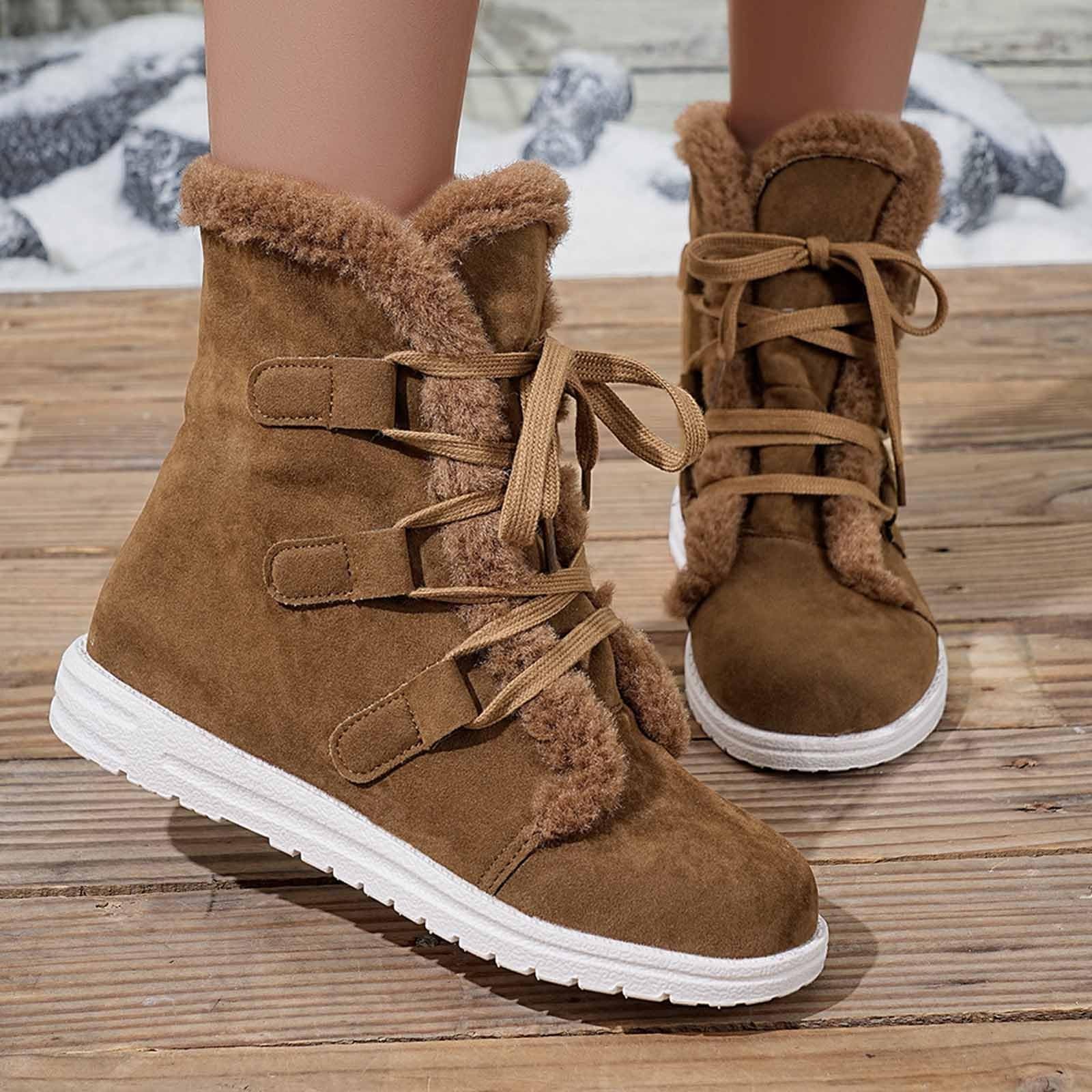 Bottes de Neige Femme Fourrées en Daim Bottes Femme Hiver Chaudes à Lacets Bottine Confort Chic Chaussure Hiver Plate Bottines Snow Boots Fourrées Imperméable Botte Neige Chaussures de Randonnée Ski