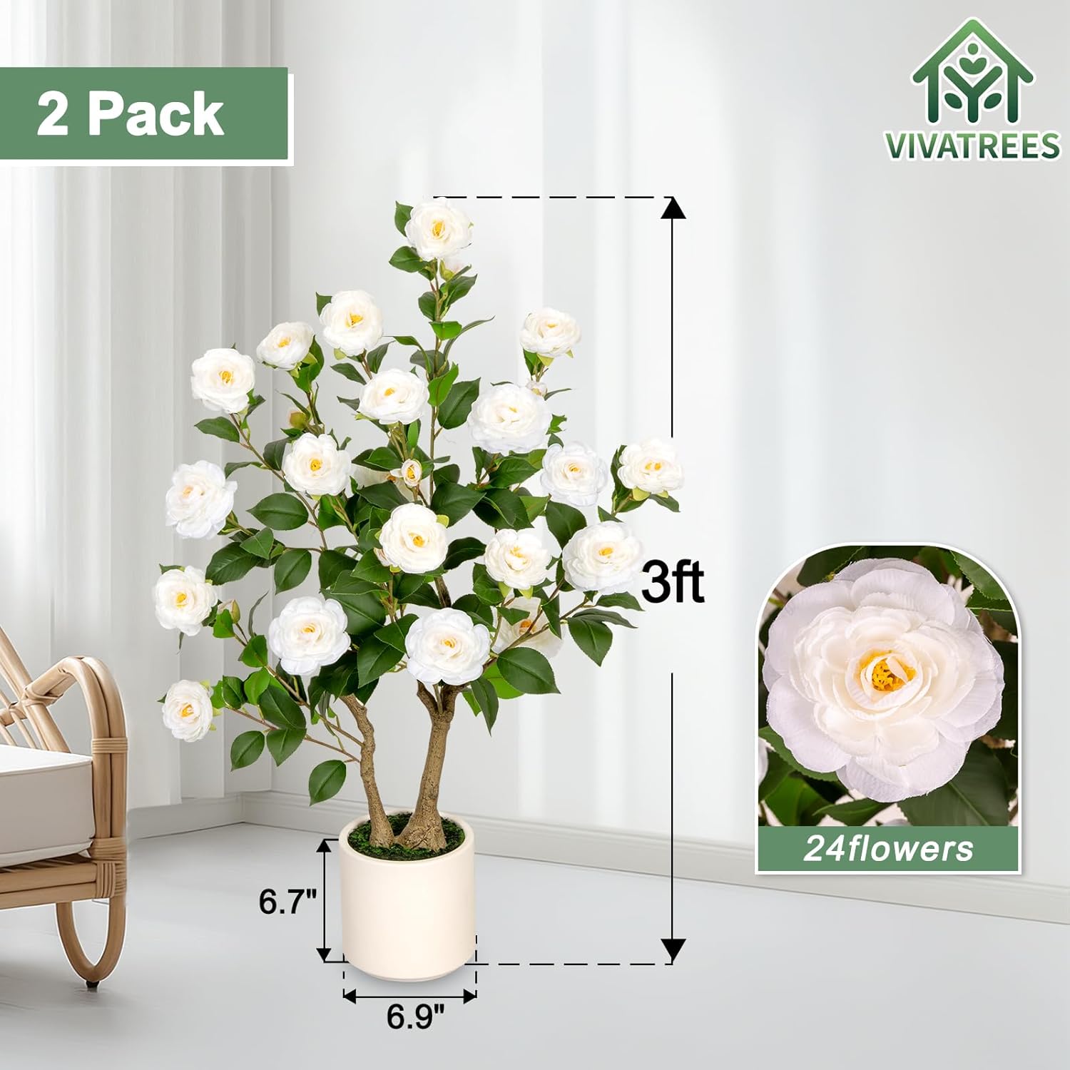 3ft Artificial Camellia Tree 2 Pack, 36'' Tall Faux Camellia Plant with White Flowers, UV Resistant Indoor Outdoor Fake Tree with White Planter Pot Included for Home Patio Decor