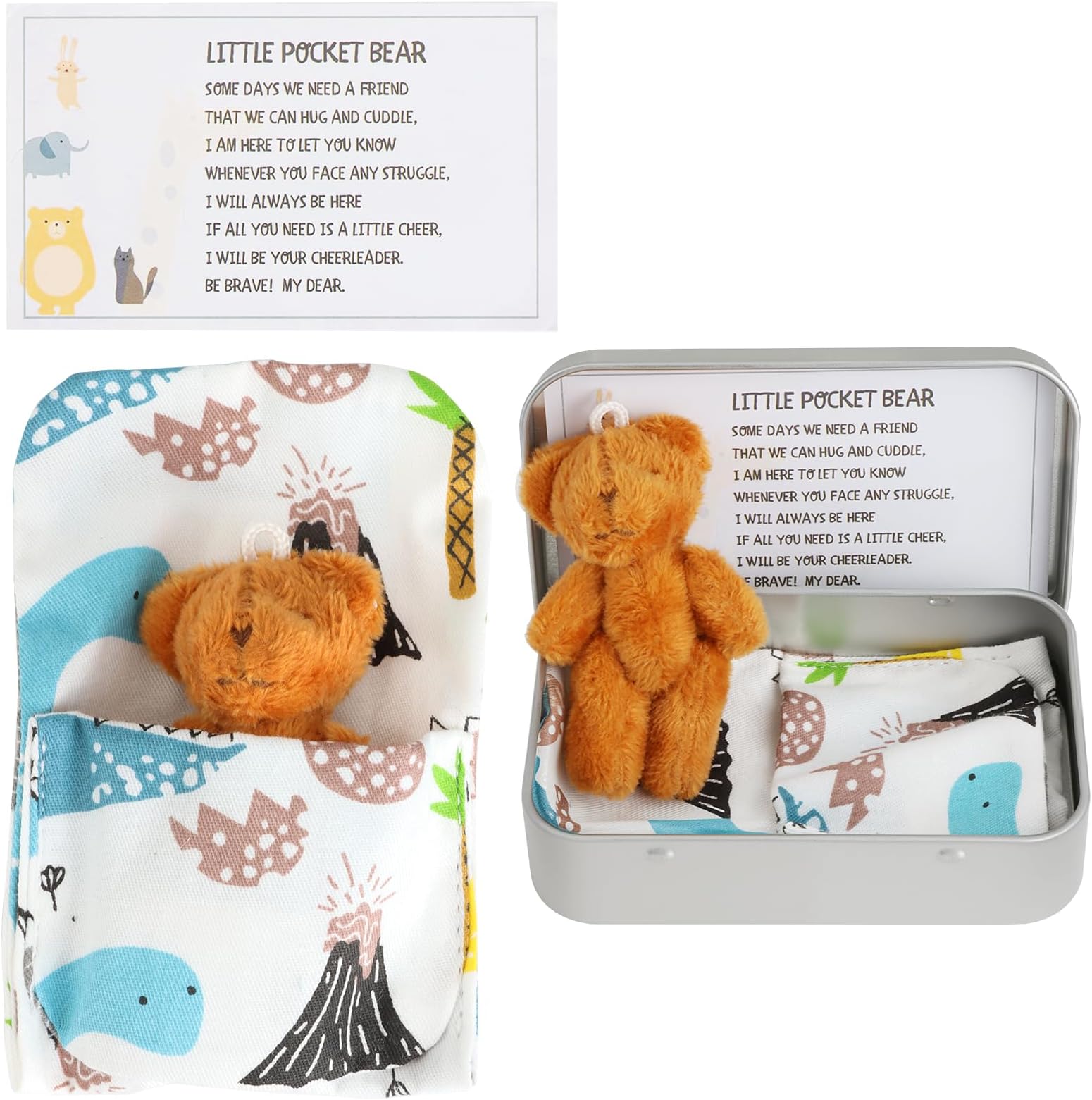 Mini Pocket Hug Teddy Bear with Tin Box, Soft Plush Worry Bear Small Comfort Doll Cute Tiny Teddy Fun Positive Gift for Anxiety Relief Graduation Valentine’s Day Birthday Thinking of You, Brown