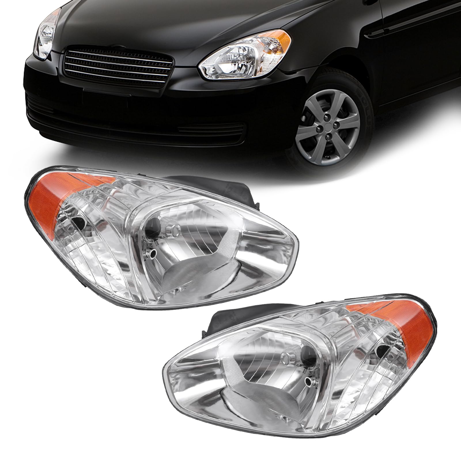 PIAOYUE- For 2006 2007 2008 2009 2010 Hyundai Accent (5 Pin) Halogen Headlight Assembly Left Driver+Right Passenger Side 1 Pair Black Housing Clear Lens w/Bulbs