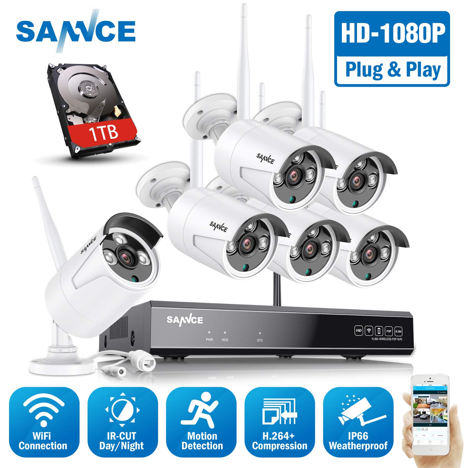 SANNCE Kit de videovigilancia WiFi 5 MP 10 CH NVR, 6 cámaras Wifi, kit de cámaras de vigilancia WiFi, sistema de videovigilancia WiFi, visión nocturna, detección de movimiento, P2P, 1TB HDD