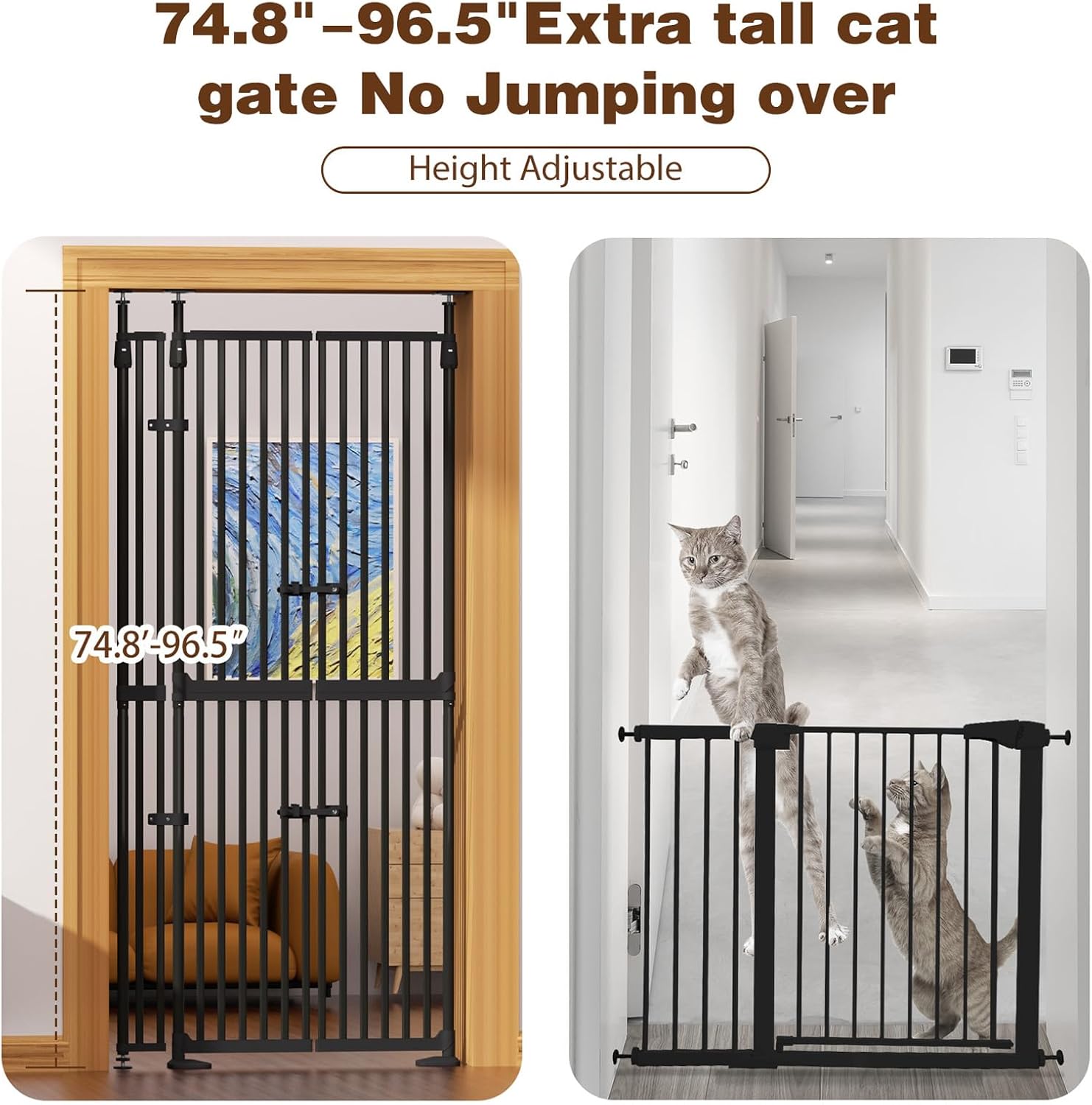 Glaf 74" Extra Tall Cat Gat, 30.31-38.19" Wide Adjustable Cat Door Pressure Mounted Pet Gate with Extra Narrow Gap Auto Close Dog Safety Gate for Doorways, Kitchen,Stairs