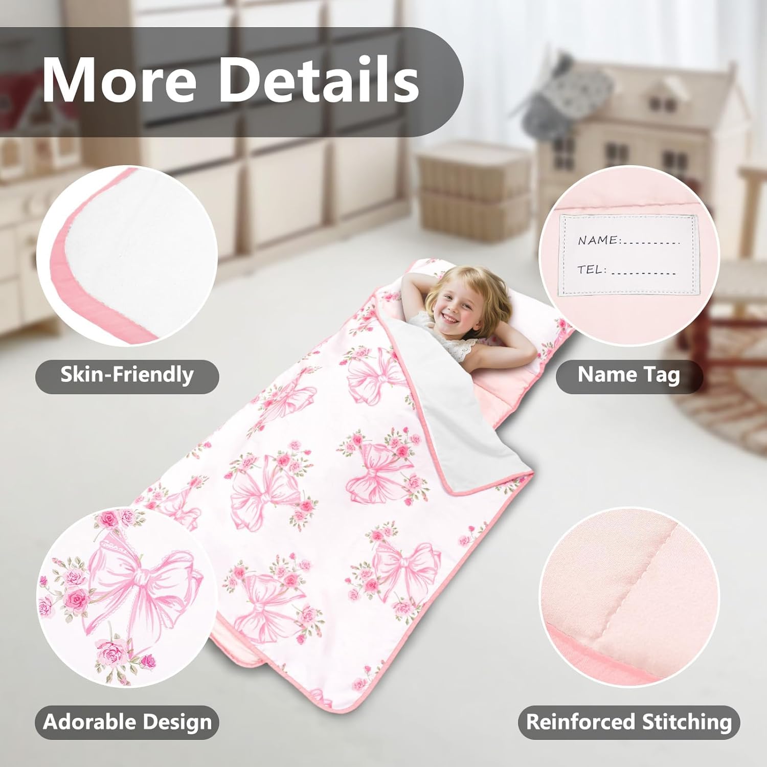 Primlect Lightweight Toddler Nap Mat, Portable Rolled Design Perfect for Daycare Travel, 51”x31 All-in-One Sleeping Bag with Removable Pillow and Fleece Blanket for Boys Girls, Machine Washable