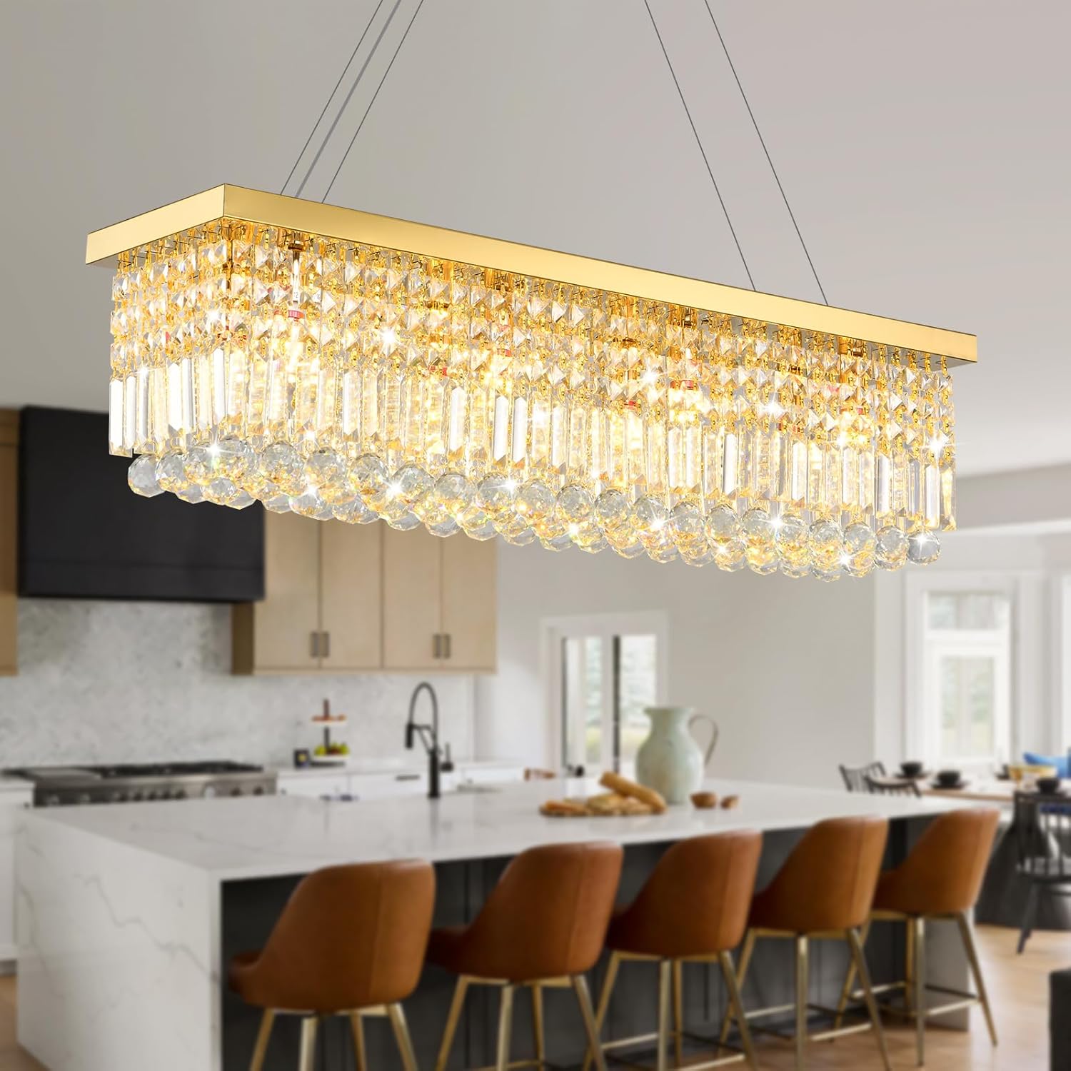 Premium K9 Crystal Chandelier, Gold Classic Rectangular, E12 Base 6-Light, L32, for Living Room Dining Room Kitchen