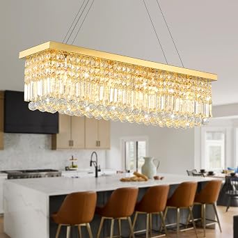 Gold Crystal Chandelier 32" 6-Light E12 Pendant for Dining Room | Dimmable,Adjustable Height for 8-13ft Ceilings,3-Color LED Compatible,K9 Crystals,,Living Room,Kitchen Island