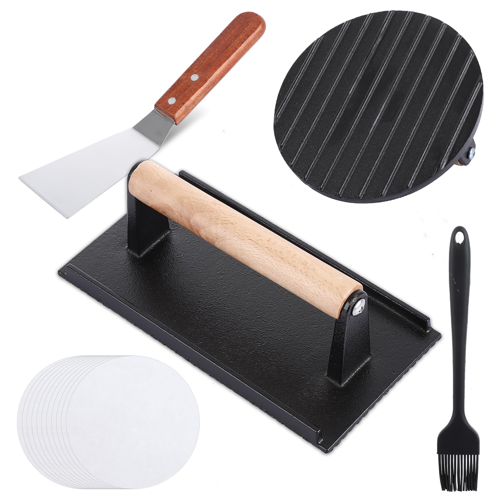 LDHHYH Cast Iron Burger Press Set, Smash Burger Press for Griddle, Heavy-Duty Cast Iron Grill Press with Wood Handle and Parchment Papers for Hamburger, Bacon, Meat, Steak, Patty, Sandwich