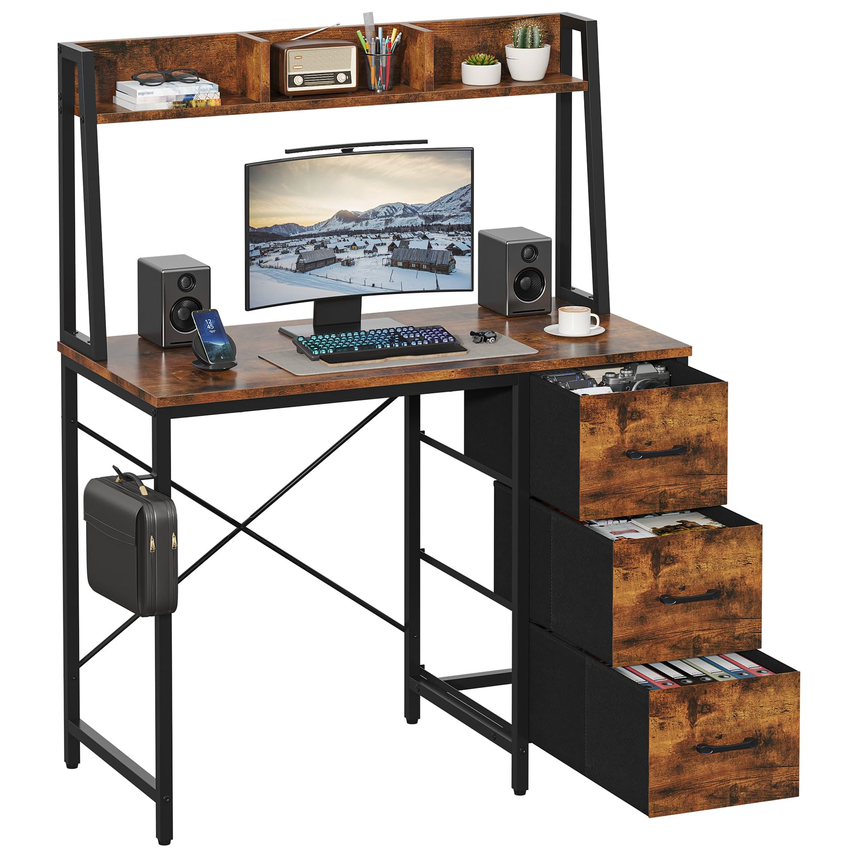 Feonase Industrial-Style Computer Desk with 3-Tier Wall-Mounted Shelf & 3 Fabric Drawers – MDF Desktop for Home Office, Study & Organization, Rustic Brown(100x50x126cm)