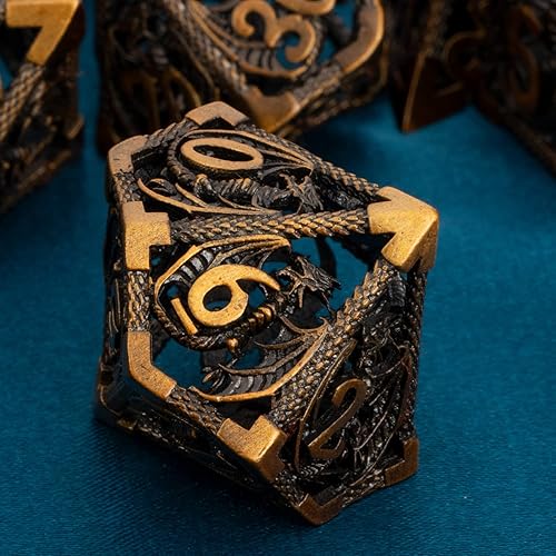 Miniatura 4 de ARUOHHA DND - Juego de dados de metal con caja de regalo, 7 piezas de dados poliédricos de oro antiguo, juegos de rol, dados huecos D&D, dados RPG D