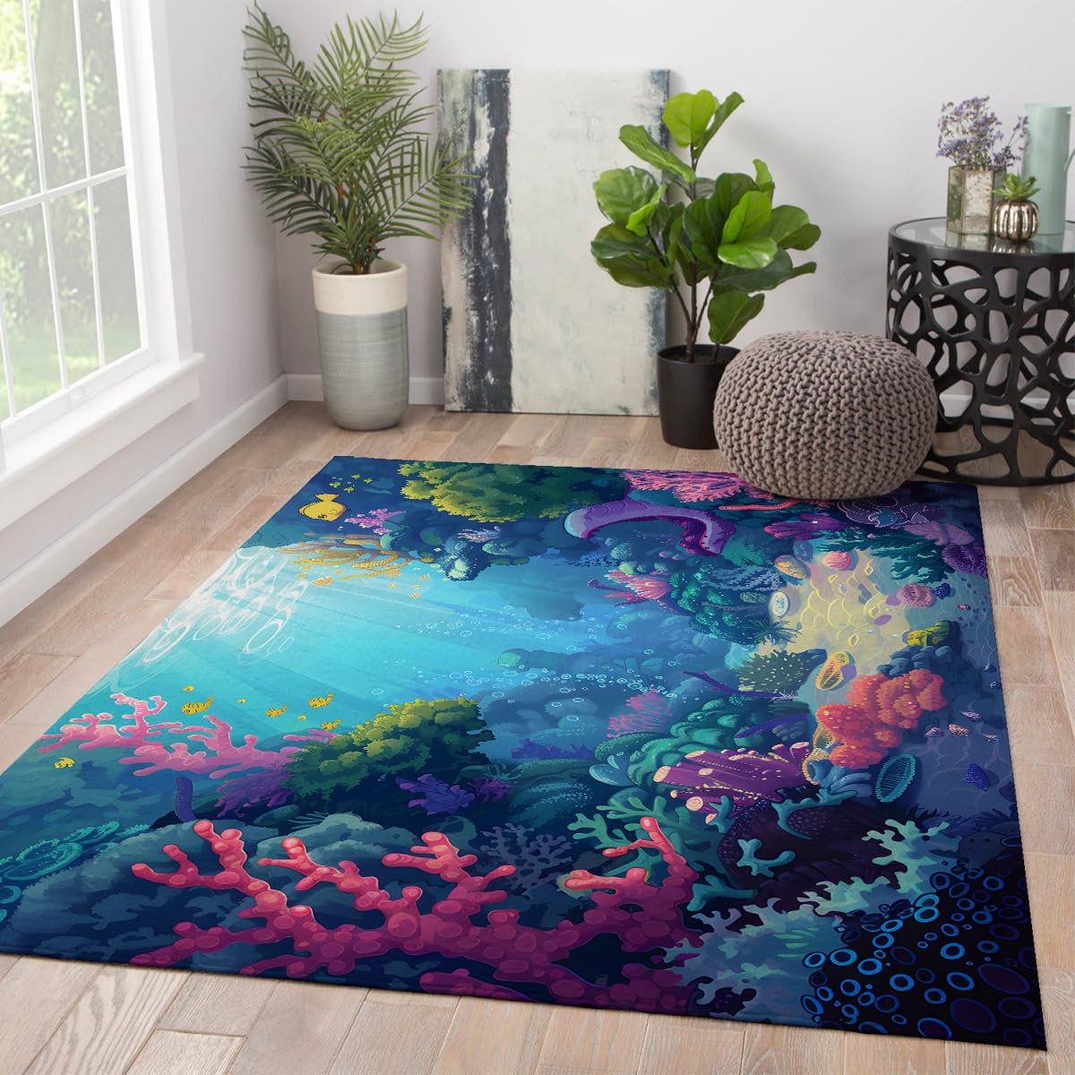 Tapis océanique 120x180cm multicolore et lavable pour habiller le sol du salon