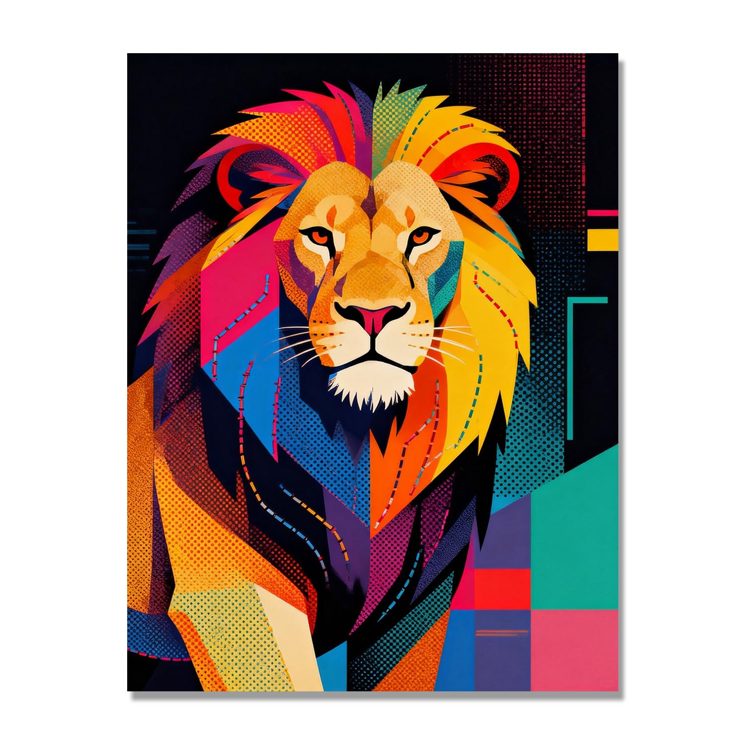 GYSDKUS Pop Art Lion Wall Art, Vibrant Red, Yellow and Blue Halftone Print, Bold Animal Portrait Poster. M10. 70x90cm-28x35in. Frameless