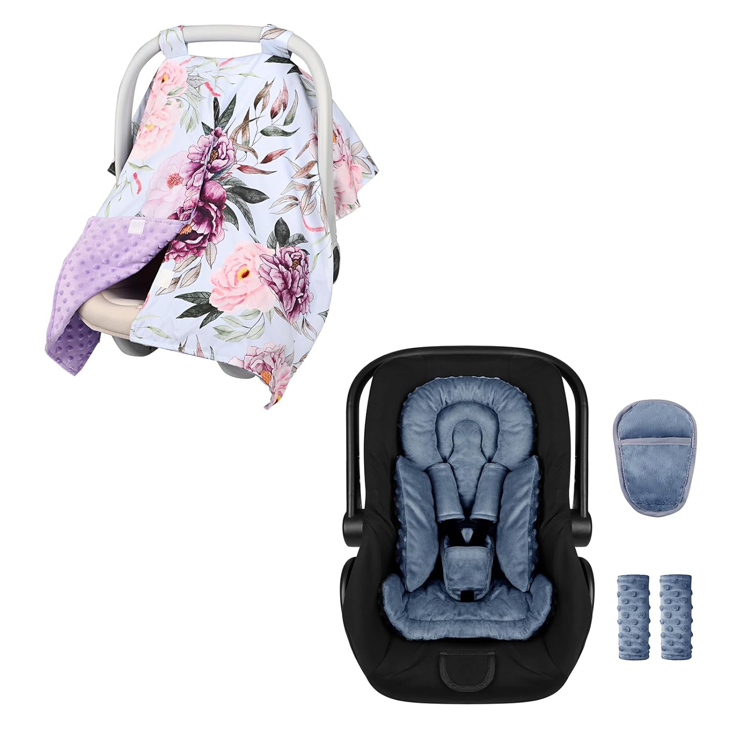 Infant Car Seat Insert Boy Girl, 3 in 1 Newborn Carseat Insert with Strap Pads,Car Seat Head Support Blue, Baby Car Seat Cover, Peekaboo Opening Car Seat Canopy for Baby Girls Boys, Pink Purple
