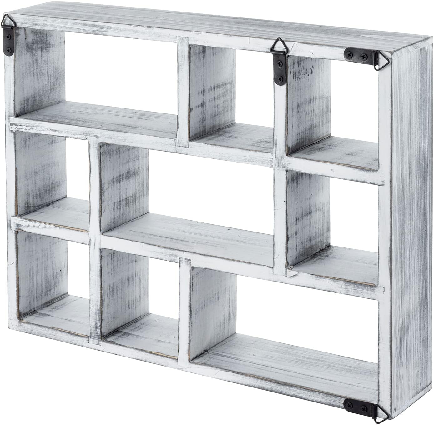 MyGift 9 Compartment Vintage White Wood Shadow Box, Wall Mountable Curio Display Case, Freestanding or Floating Shelf for Collectible Figurines, Succulents