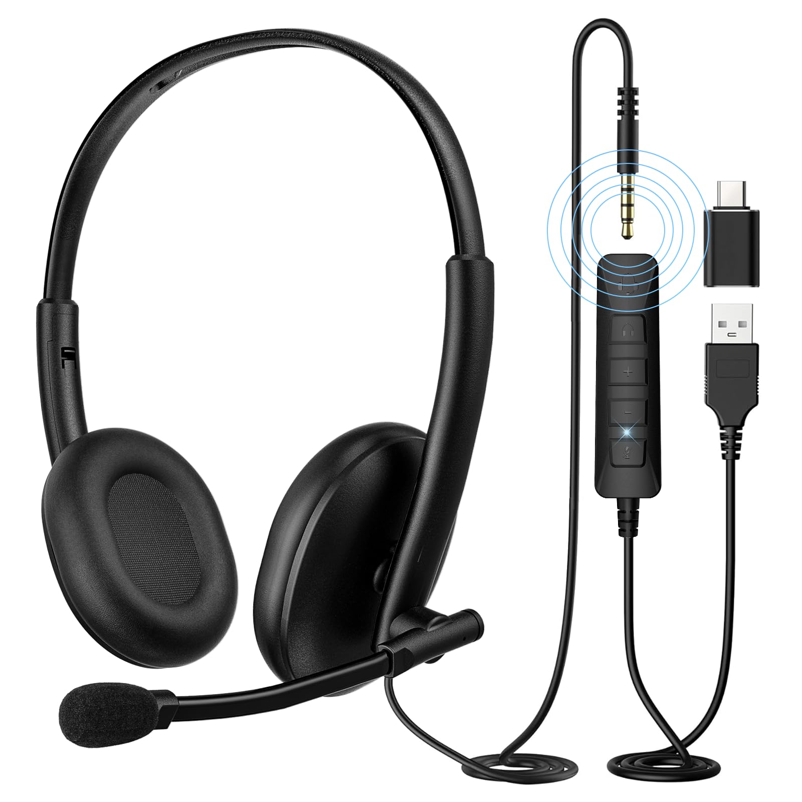 USB Headset with 290° Rotating Noise-Canceling Microphone, USB-A/Type C/ 3.5mm Wired Lightweight Office Headphone with Mute Button & Volume Control for PC, Mac, Cell Phone, Zoom Calls-image-14