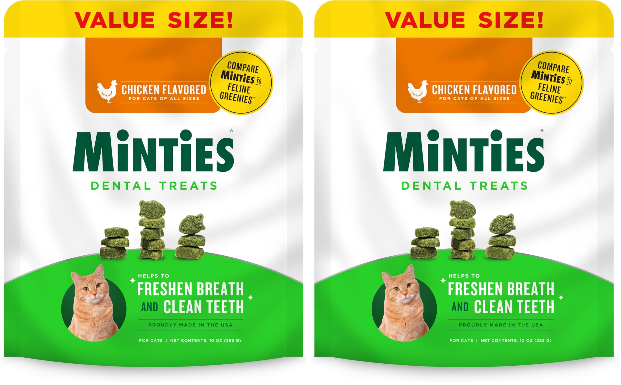 Minties Dental Treats for Cats, Chicken Flavored Treats for Cats, Freshens Breath and Controls Tartar, 10oz (Pack of 2)
