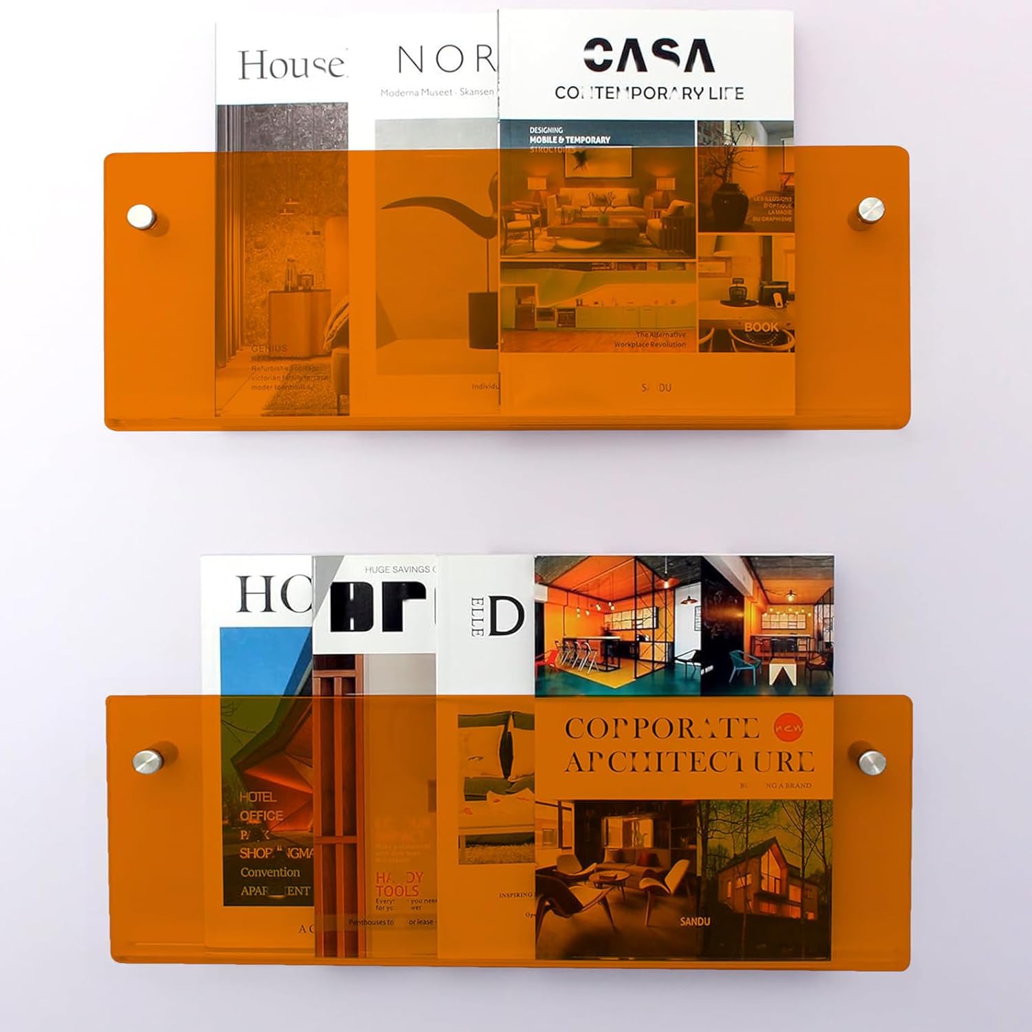 Gwezmxs 2 Pack Modern Acrylic Magazine Rack, 19.7" x 5.9" Wall Bookshelf - Orange